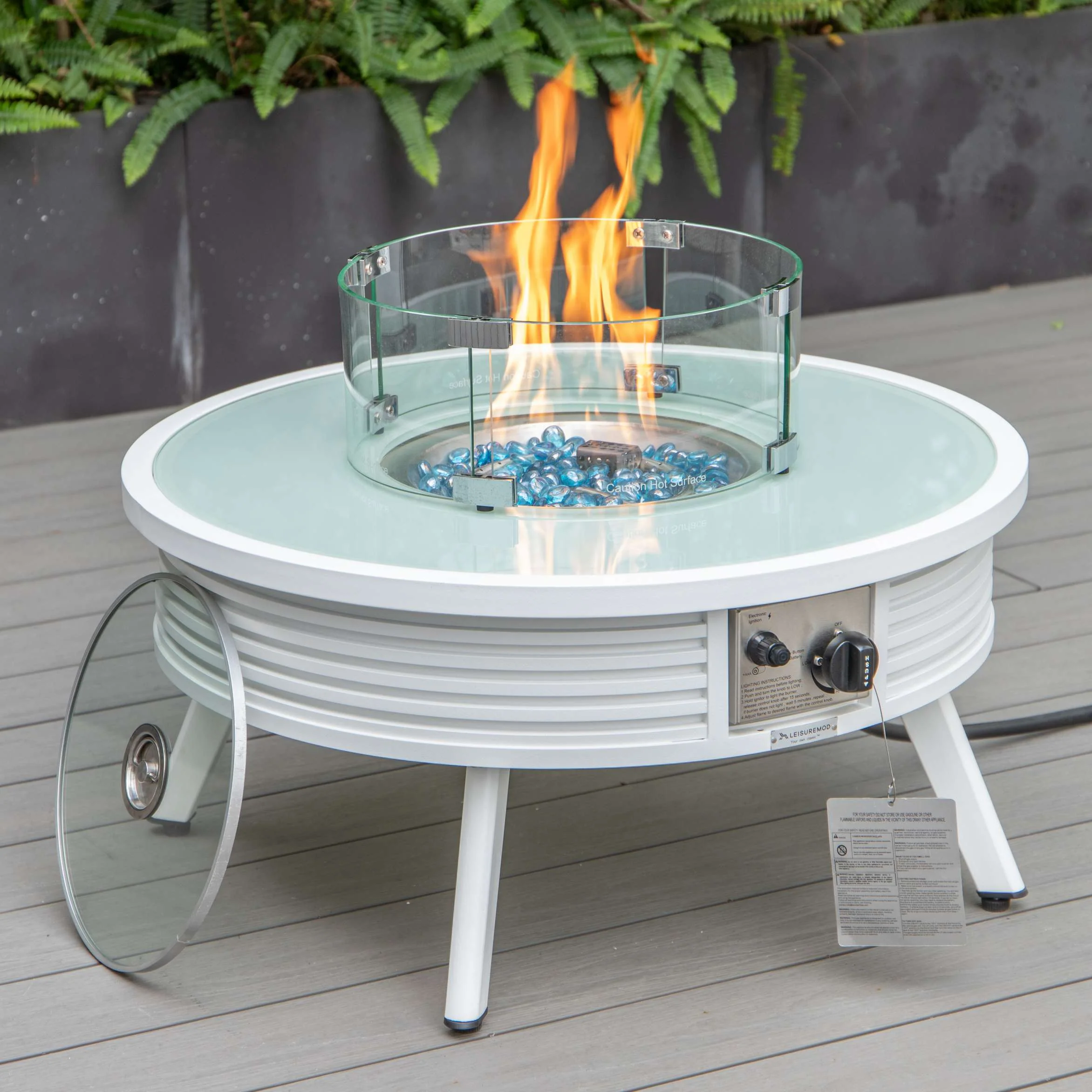 LeisureMod Walbrooke Modern White Patio Conversation With Round Fire Pit With Slats Design & Tank Holder - Image 5