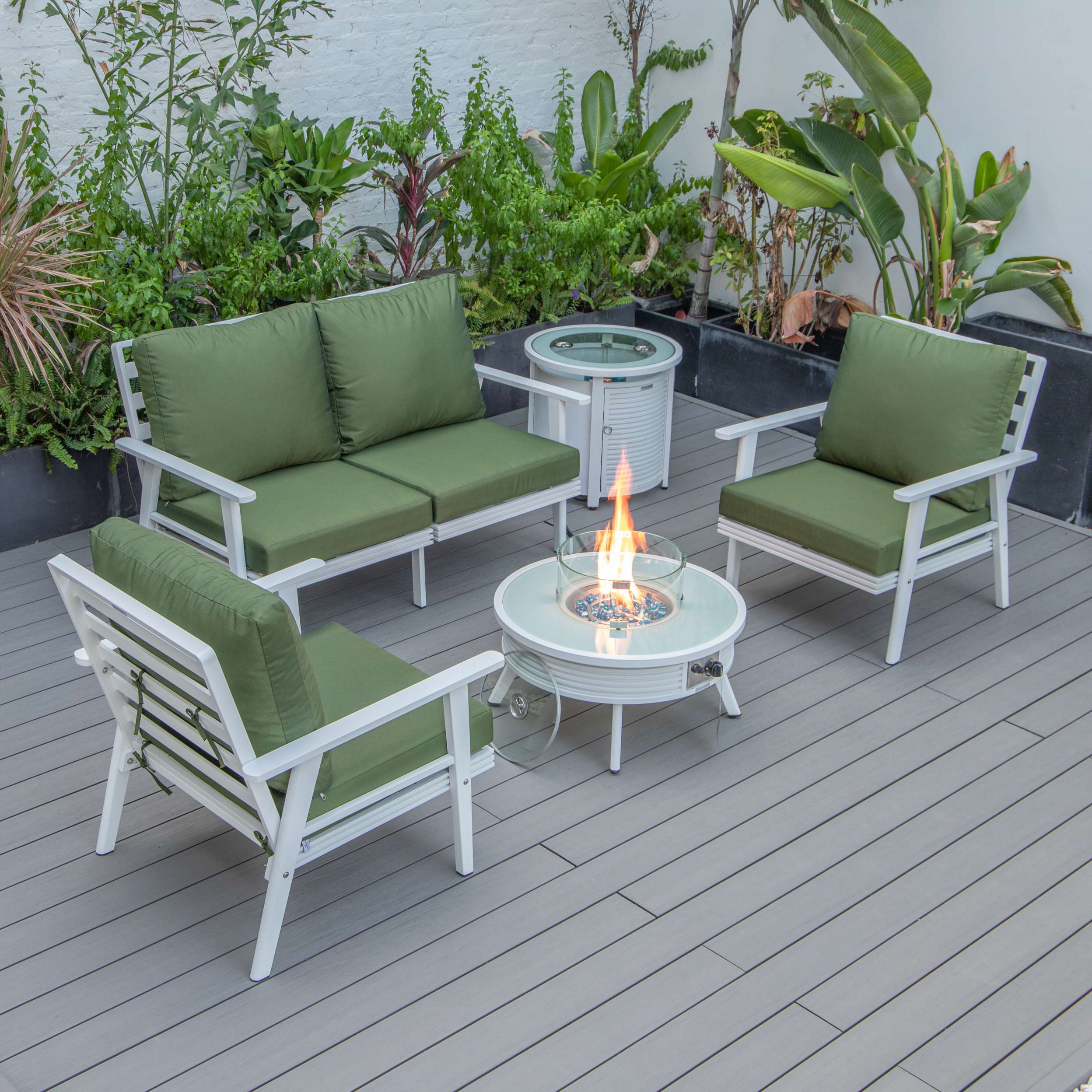 LeisureMod Walbrooke Modern White Patio Conversation With Round Fire Pit With Slats Design & Tank Holder - Image 55