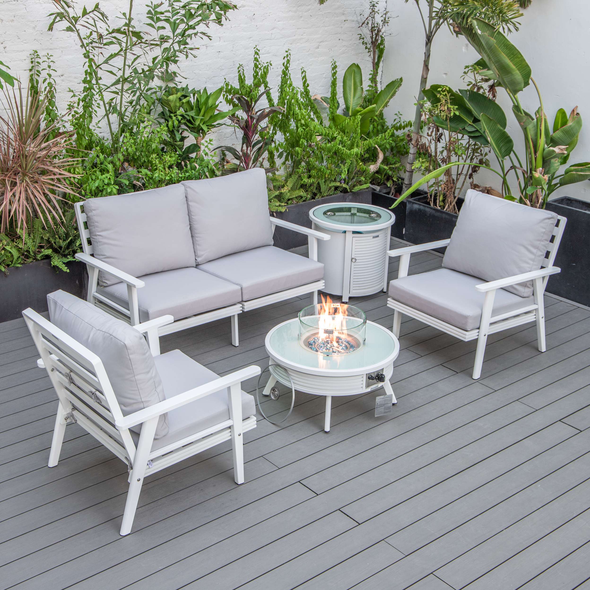 LeisureMod Walbrooke Modern White Patio Conversation With Round Fire Pit With Slats Design & Tank Holder - Image 61