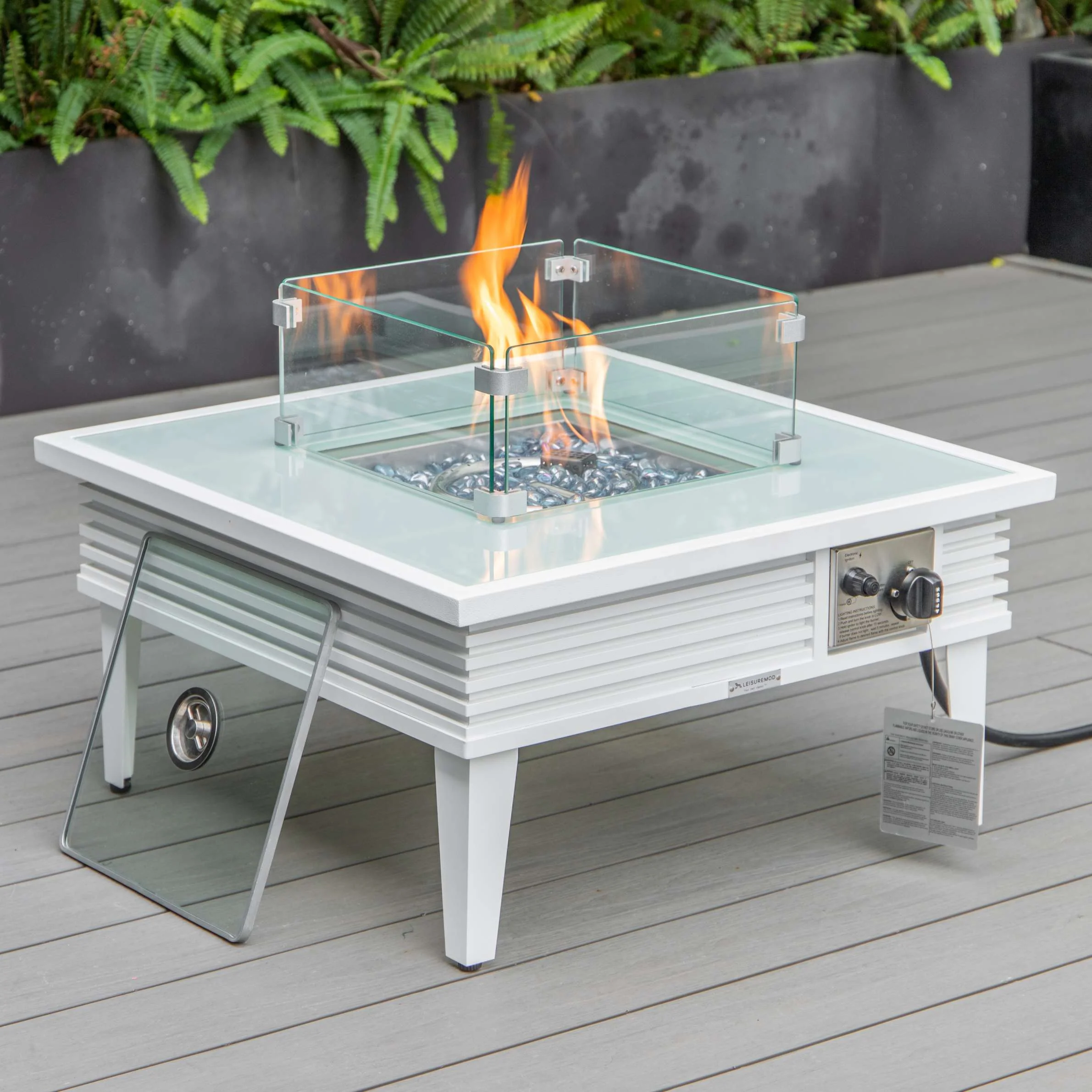 LeisureMod Walbrooke Modern White Patio Conversation With Square Fire Pit & Tank Holder - Image 7