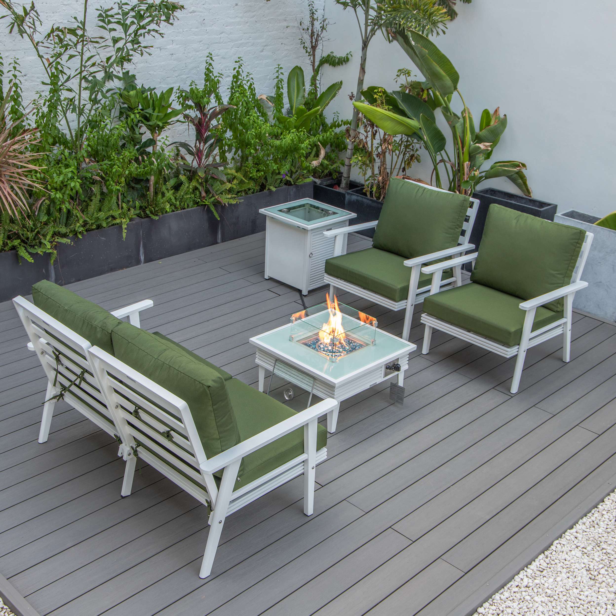 LeisureMod Walbrooke Modern White Patio Conversation With Square Fire Pit & Tank Holder - Image 73