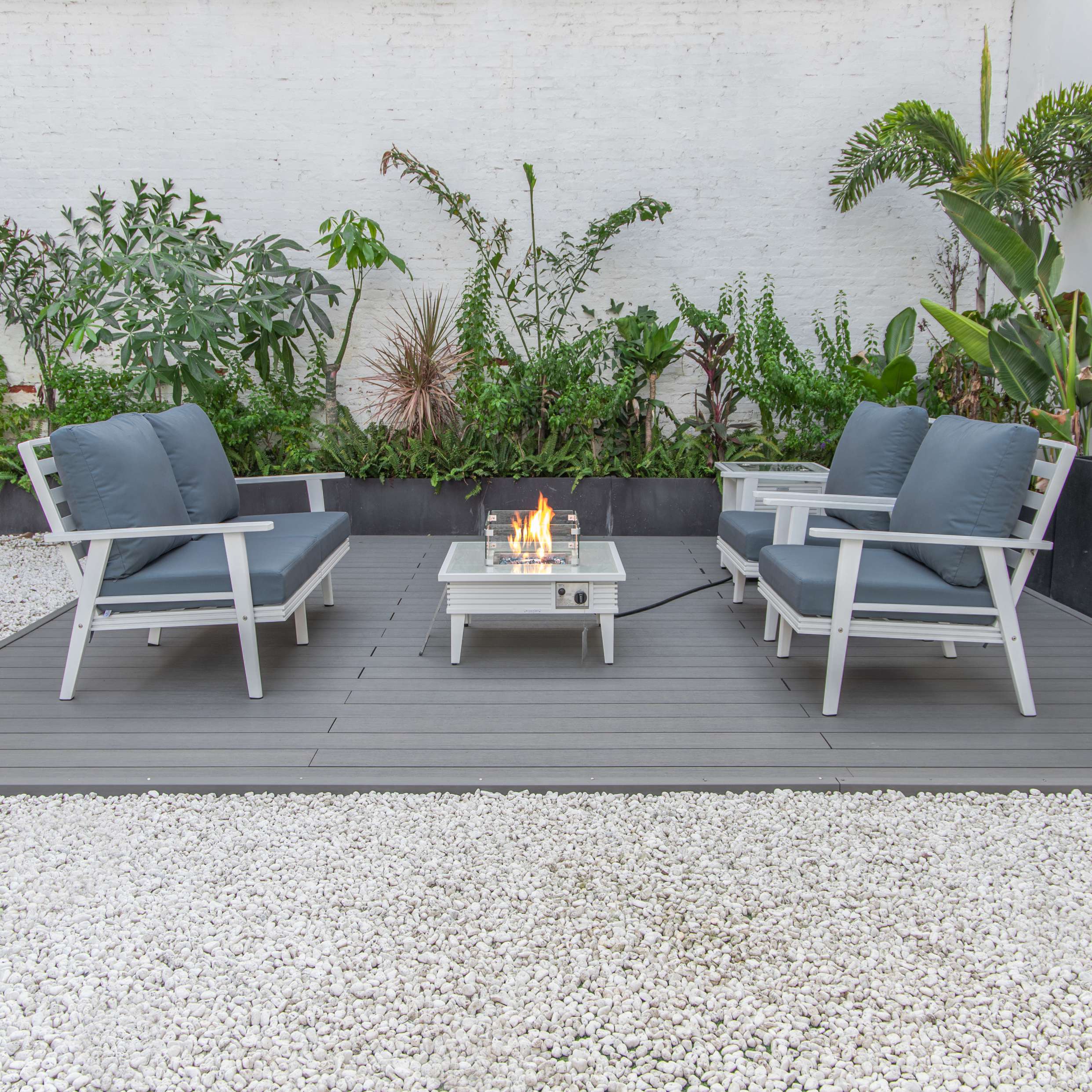 LeisureMod Walbrooke Modern White Patio Conversation With Square Fire Pit With Slats Design & Tank Holder - Image 24