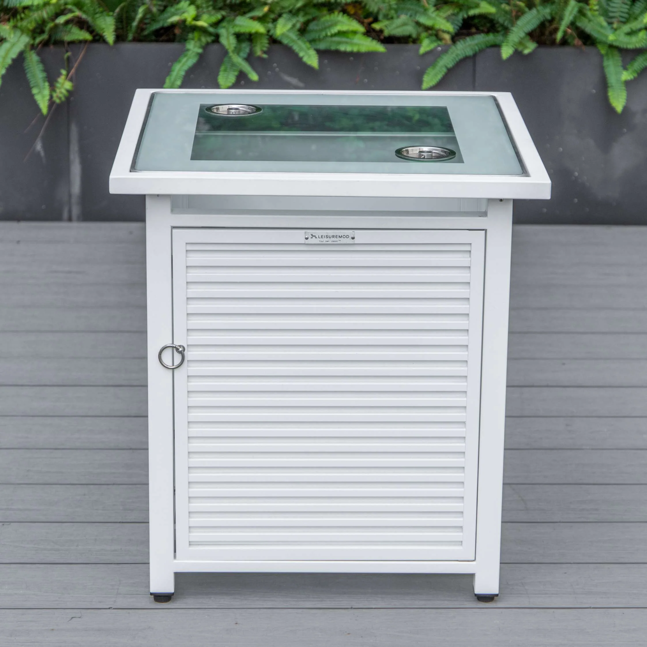 LeisureMod Walbrooke Modern White Patio Conversation With Square Fire Pit With Slats Design & Tank Holder - Image 6