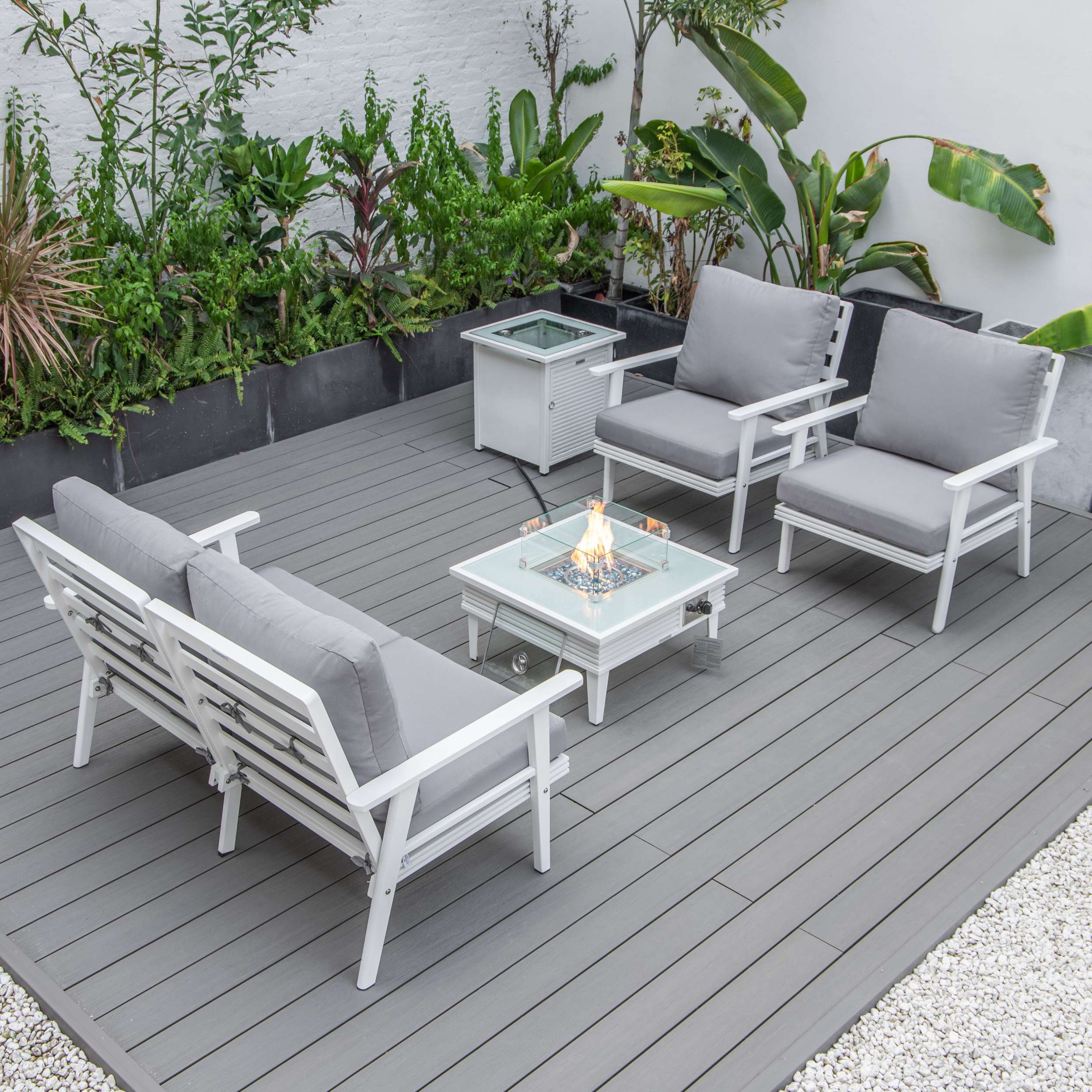 LeisureMod Walbrooke Modern White Patio Conversation With Square Fire Pit With Slats Design & Tank Holder - Image 66