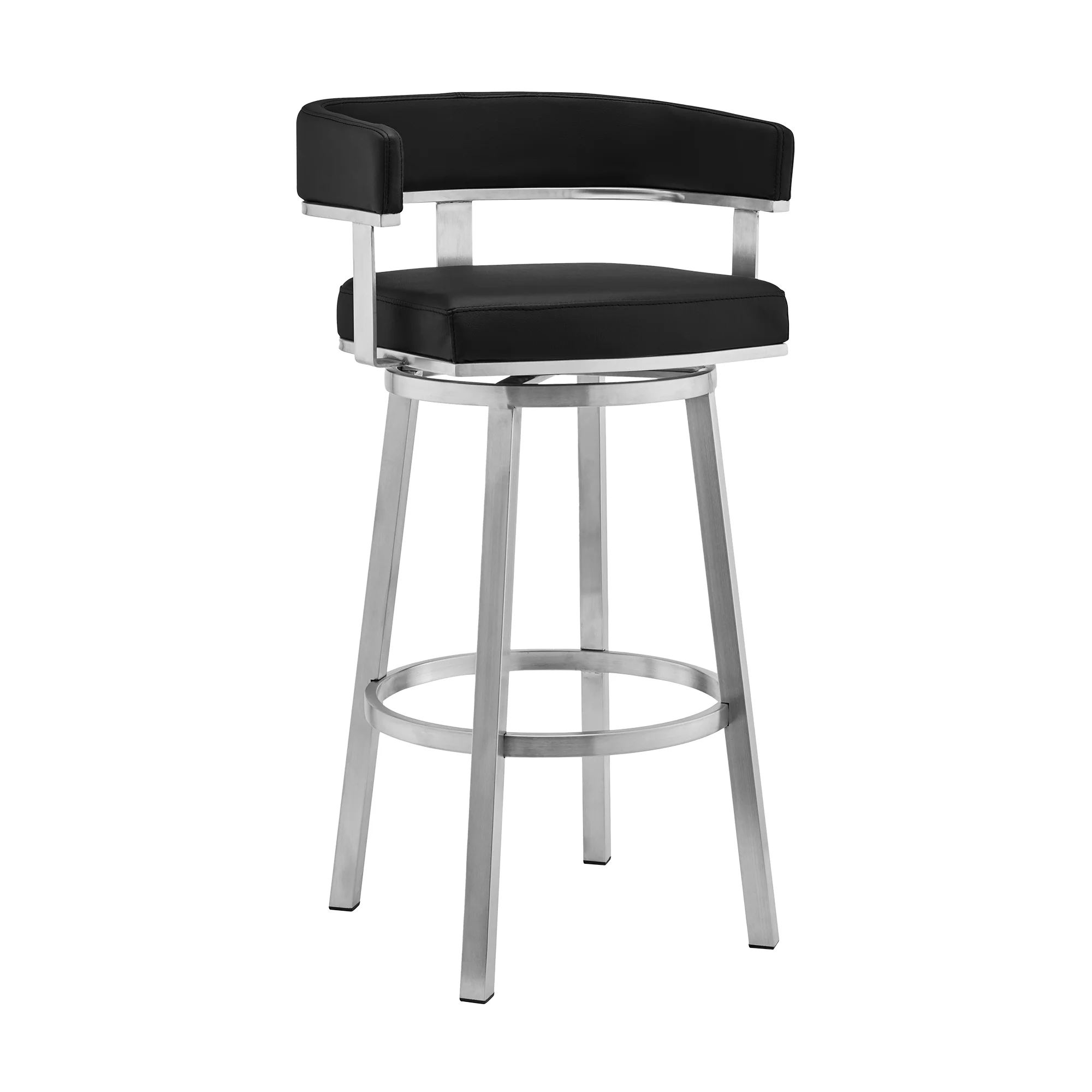 Lorin 26" Black Faux Leather and Brushed Stainless Steel Swivel Bar Stool By Armen Living - Image 2