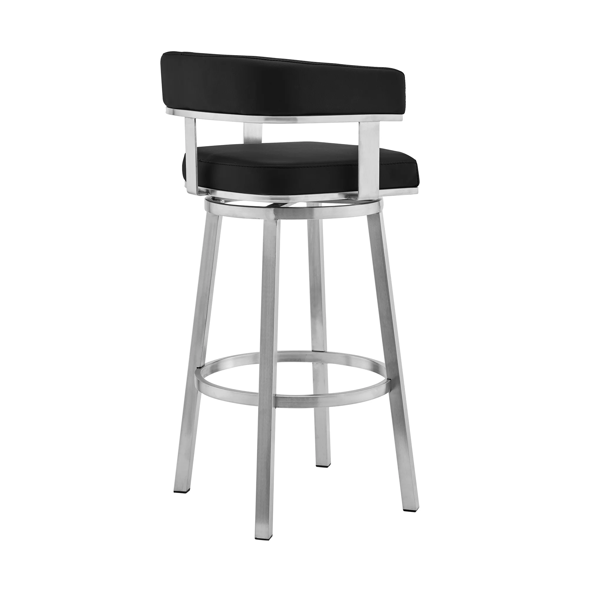 Lorin 30" Black Faux Leather and Brushed Stainless Steel Swivel Bar Stool By Armen Living - Image 4