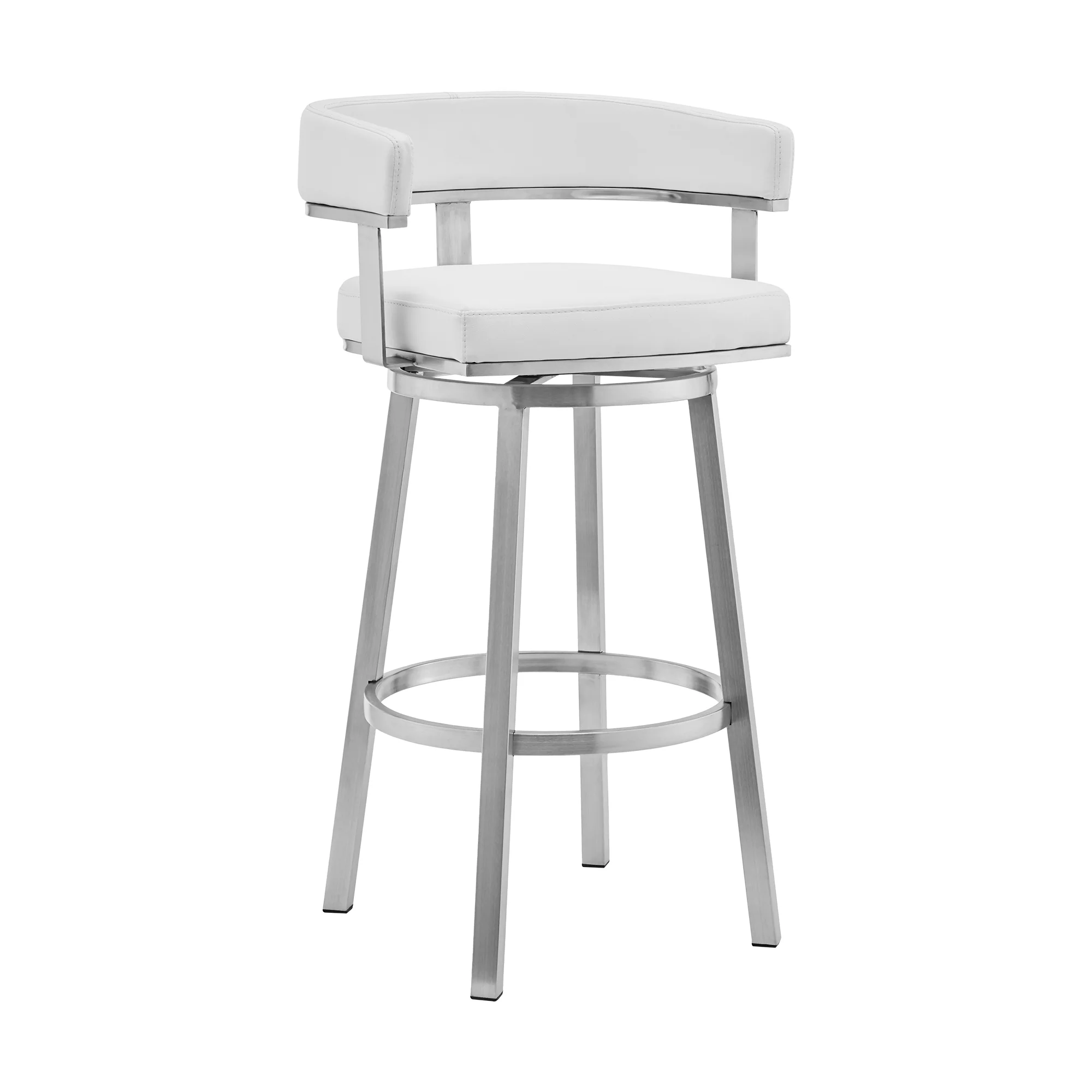 Lorin 30" White Faux Leather and Brushed Stainless Steel Swivel Bar Stool By Armen Living - Image 2