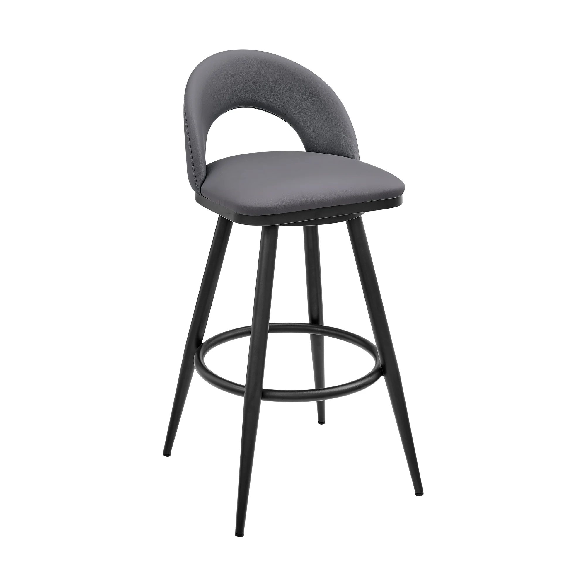 Lottech Swivel Bar Stool in Black Metal with Grey Faux Leather By Armen Living - Image 2