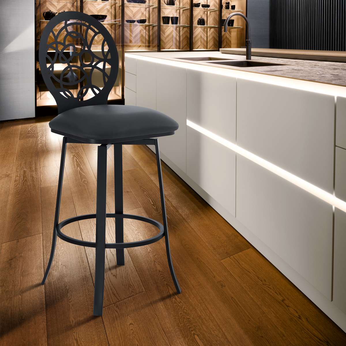 Lotus Contemporary 26" Counter Height Barstool in Matte Black Finish and Gray Faux Leather By Armen Living