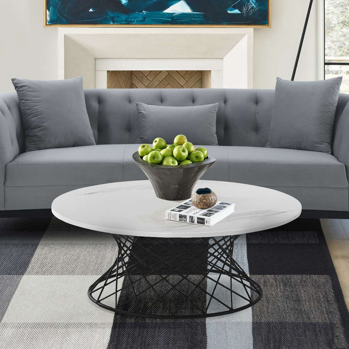 Loxley White Marble Coffee Table with Black Metal Base By Armen Living