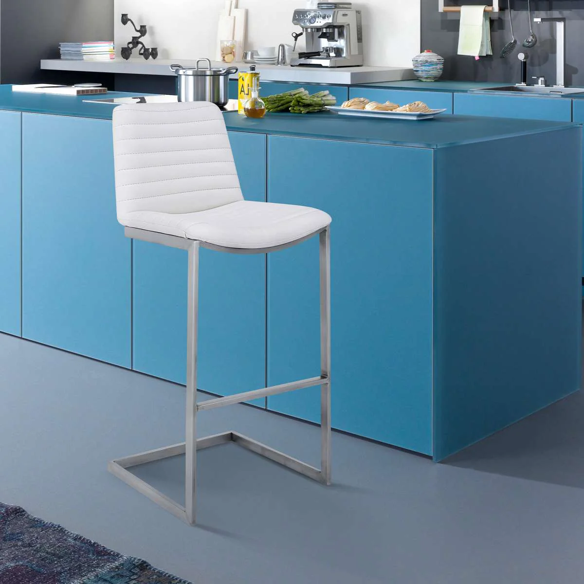 Lucas Contemporary 30" Bar Height Barstool in Brushed Stainless Steel Finish and White Faux Leather By Armen Living