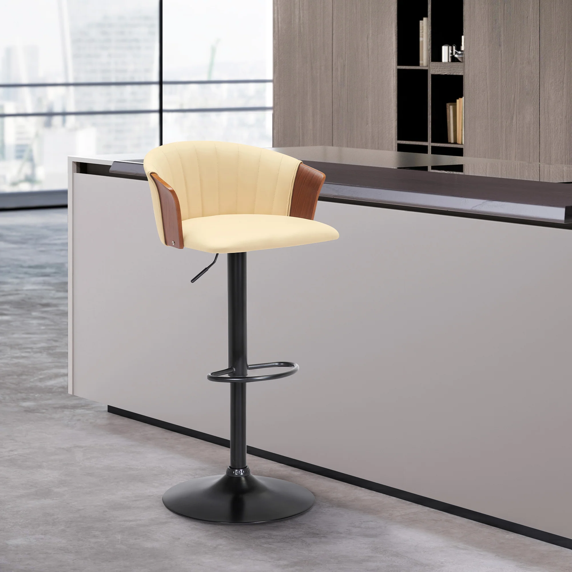 Lydia Adjustable Walnut Wood Bar Stool in Cream Faux Leather with Black Metal By Armen Living