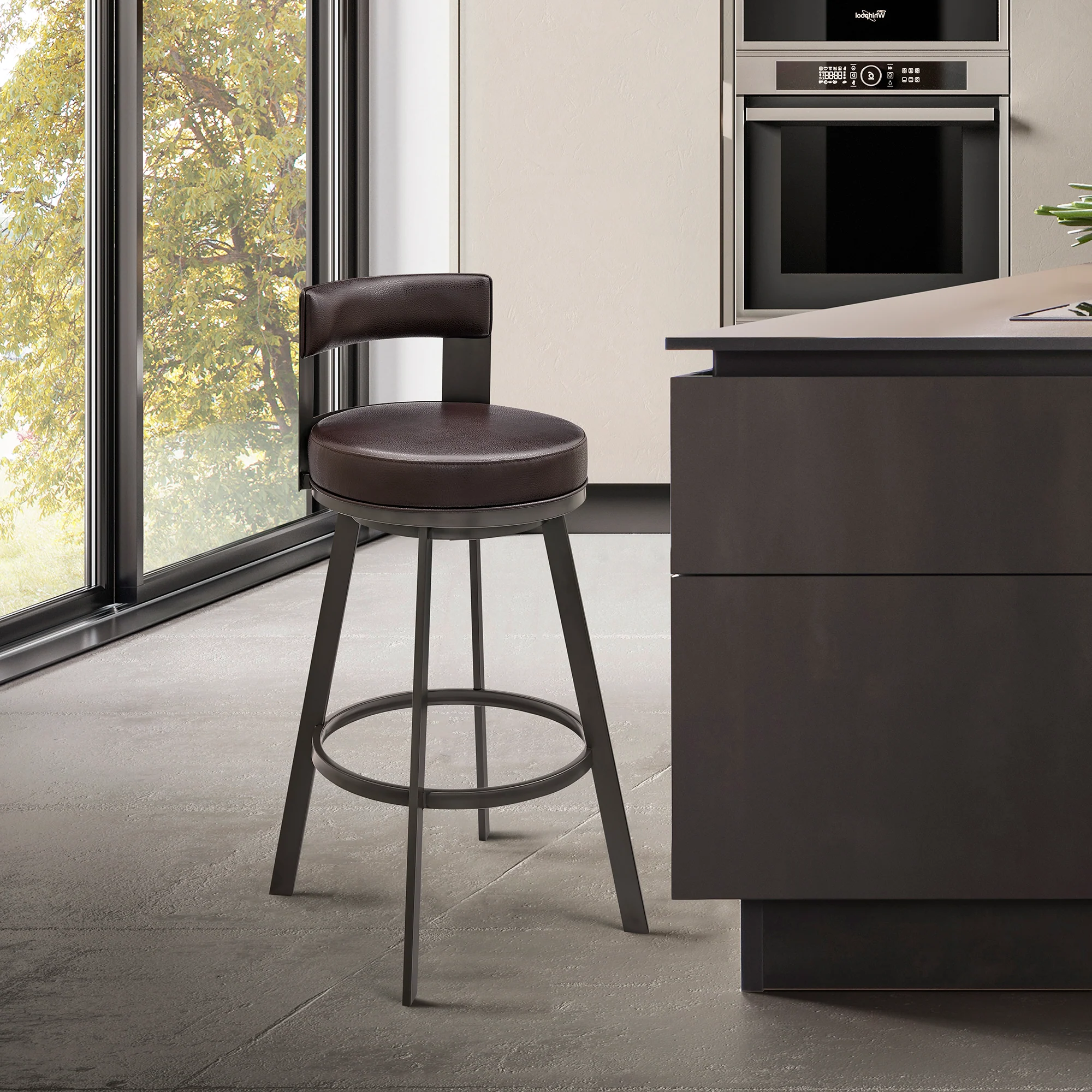Lynof Swivel Bar Stool in Black Metal with Light Grey Faux Leather By Armen Living - Image 11