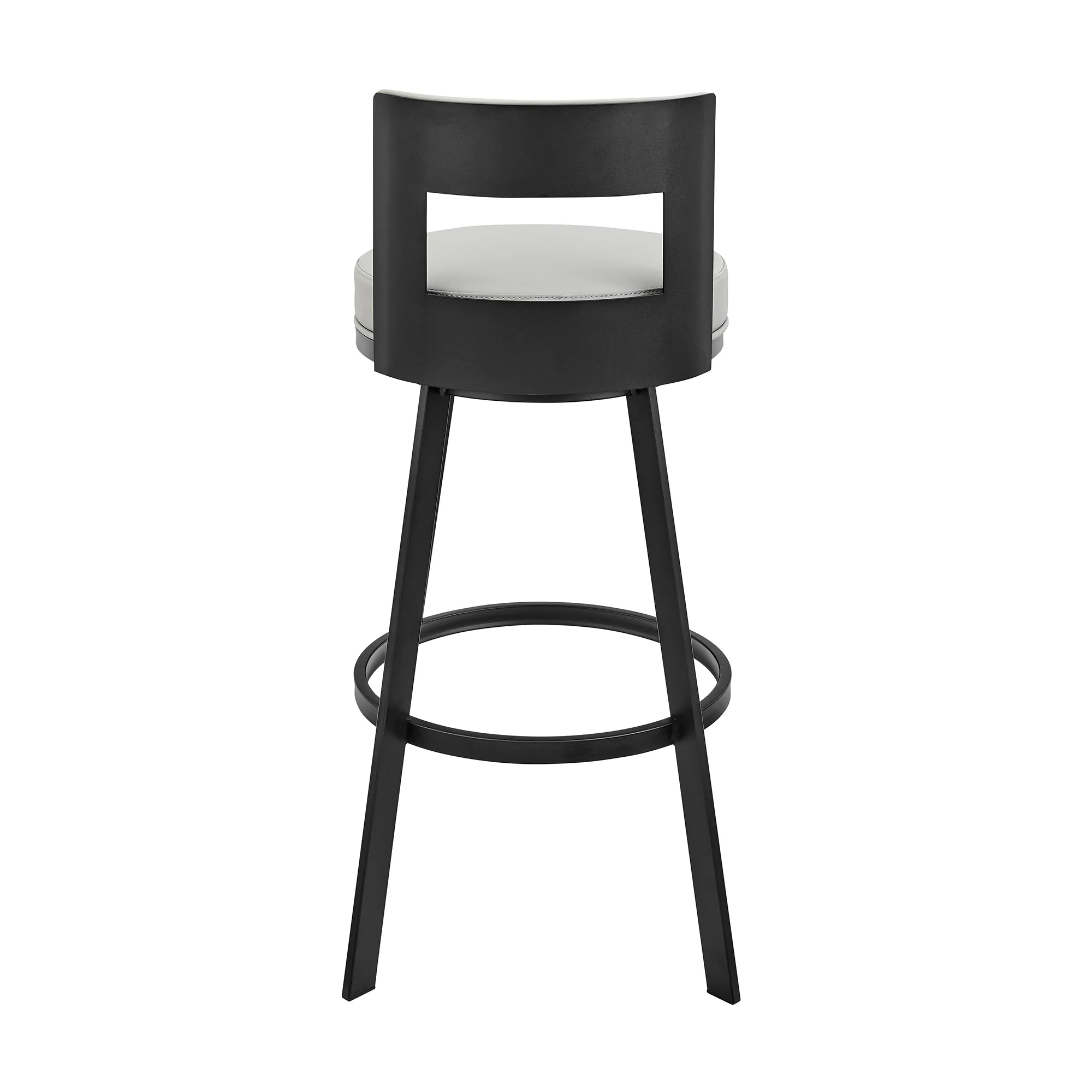Lynof Swivel Bar Stool in Black Metal with Light Grey Faux Leather By Armen Living - Image 6