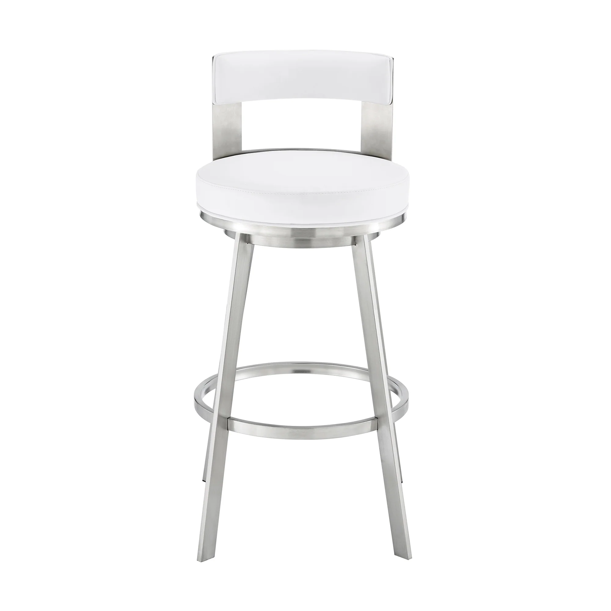 Lynof Swivel Bar Stool in Brushed Stainless Steel with White Faux Leather By Armen Living - Image 3