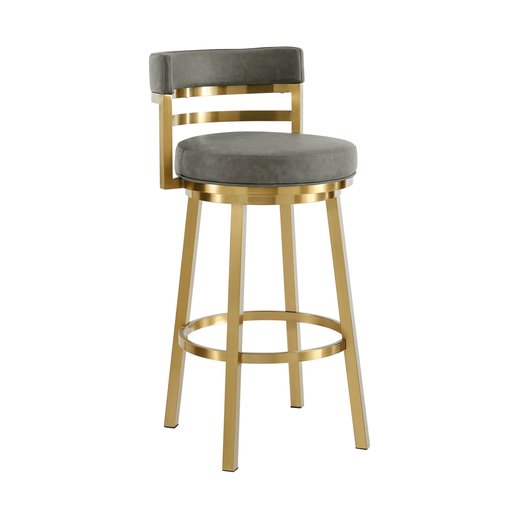 Madrid 26" Swivel Counter Stool with Gold Brushed Stainless Steel and Vintage Gray Faux Leather By Armen Living - Image 2
