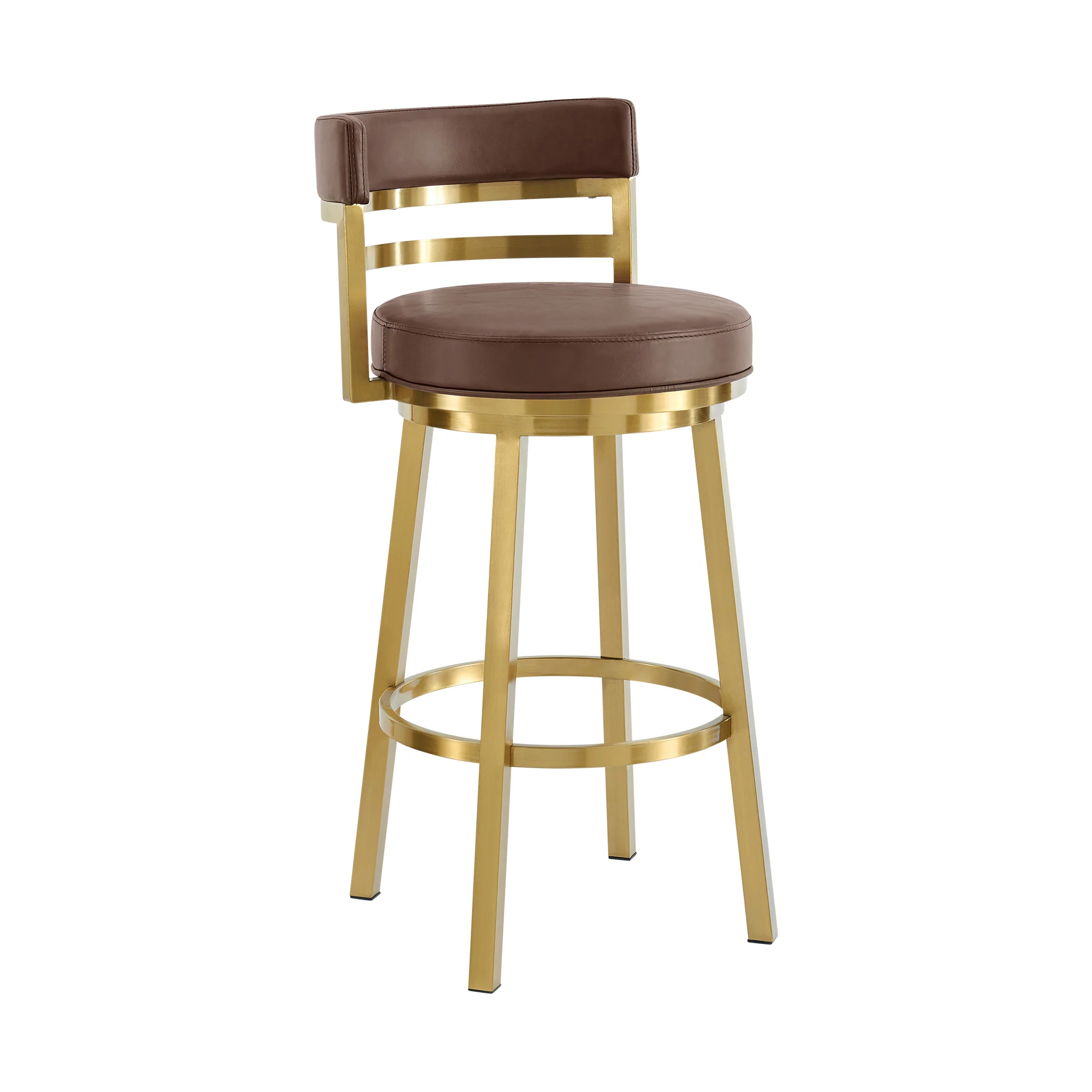 Madrid 30" Swivel Bar Stool in Gold Brushed Stainless Steel with Vintage Coffee Faux Leather By Armen Living - Image 2