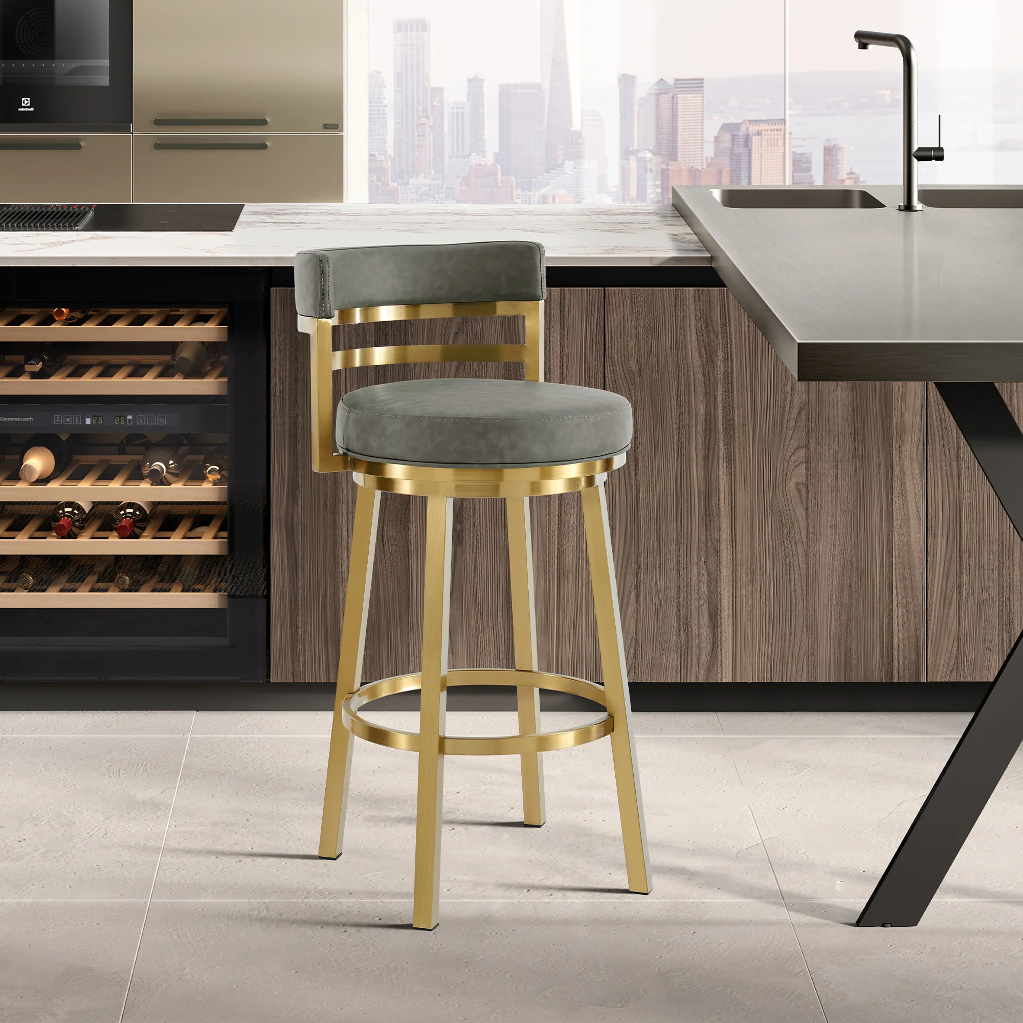 Madrid 30" Swivel Counter Stool with Gold Brushed Stainless Steel and Vintage Gray Faux Leather By Armen Living