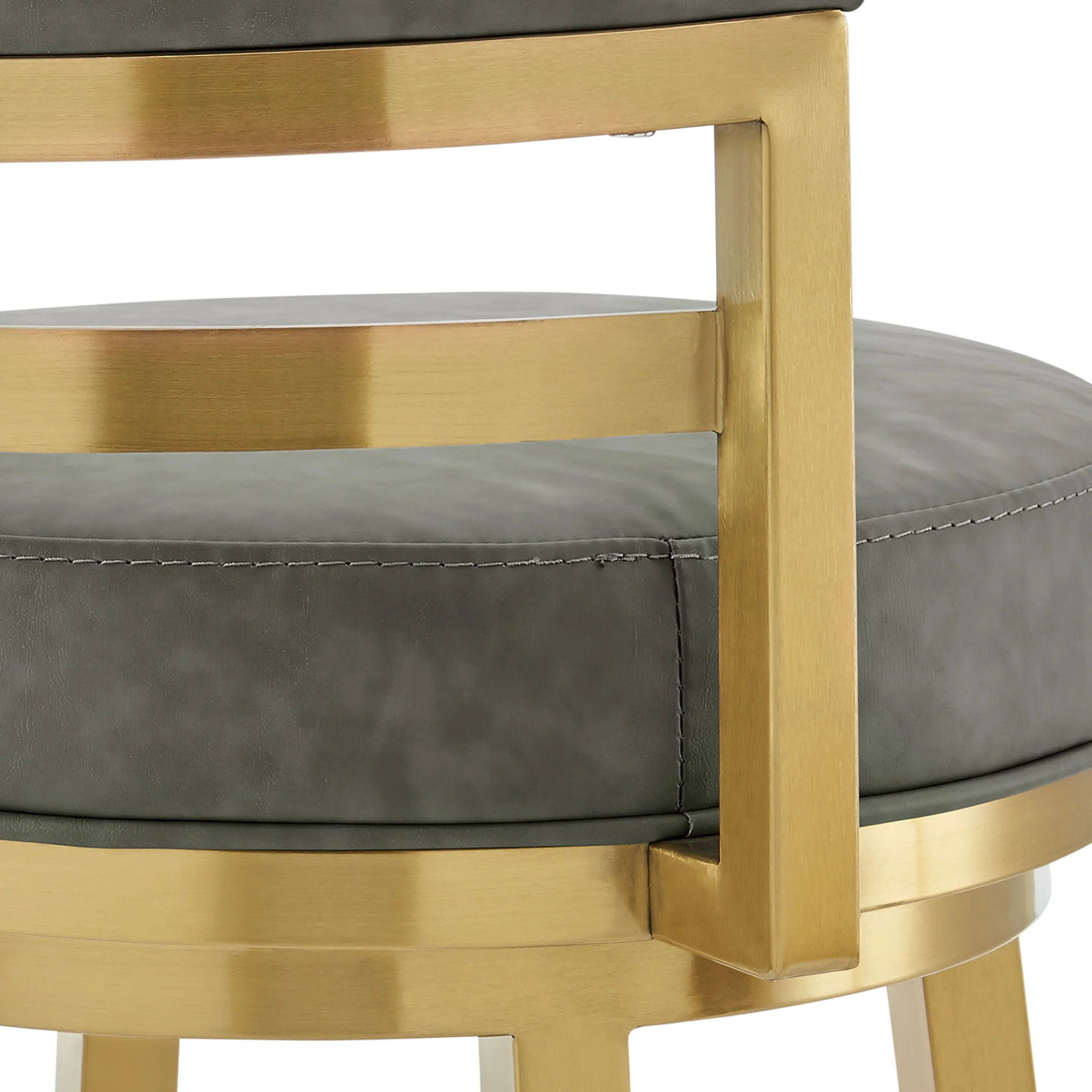 Madrid 30" Swivel Counter Stool with Gold Brushed Stainless Steel and Vintage Gray Faux Leather By Armen Living - Image 10