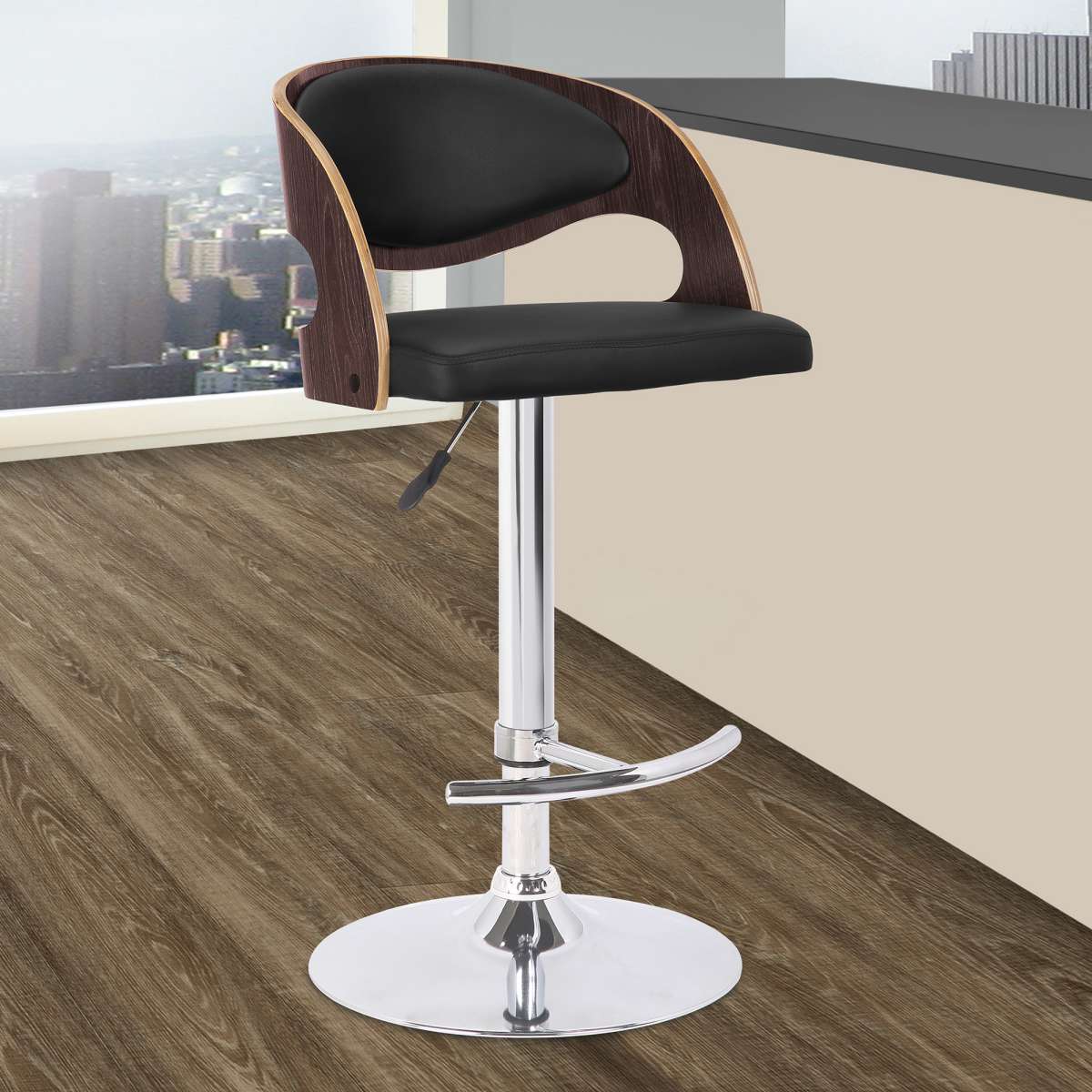 Malibu Swivel Barstool in Black Faux Leather with Dark Oak Wood Finish By Armen Living