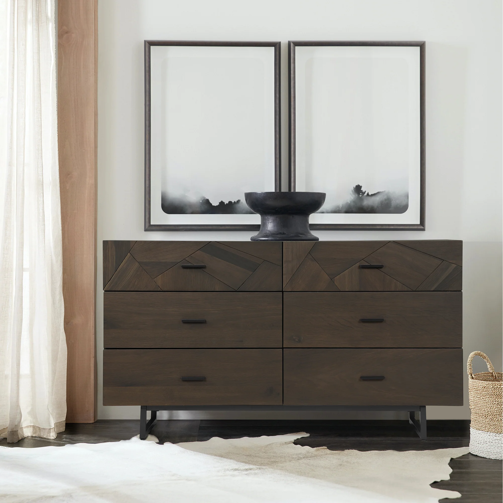 Marquis 6 Drawer Oak Wood Dresser with Black Metal Legs By Armen Living