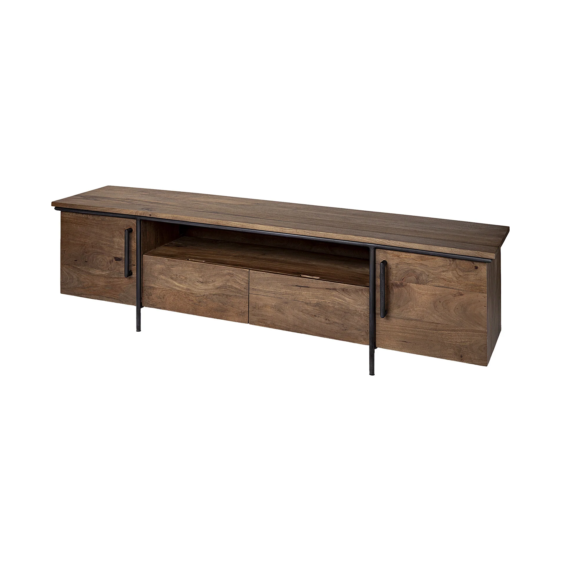 Medium Brown Solid Mango Wood Finish TV Stand Media Console With 4 Cabinets And Single Open Shelf By Homeroots