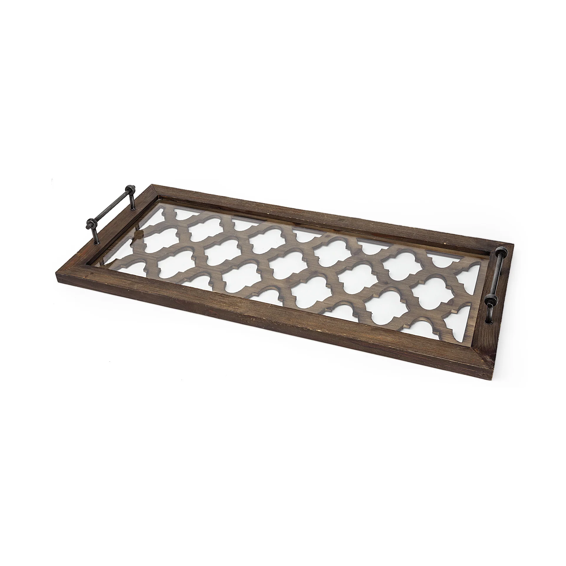 Medium Brown Wood With Metal Quatrefoil Pattern Glass Bottom Tray By Homeroots