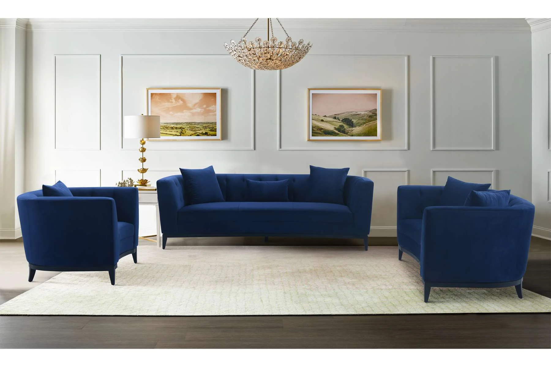 Melange 3 Piece Blue Velvet Living Room Seating Set By Armen Living