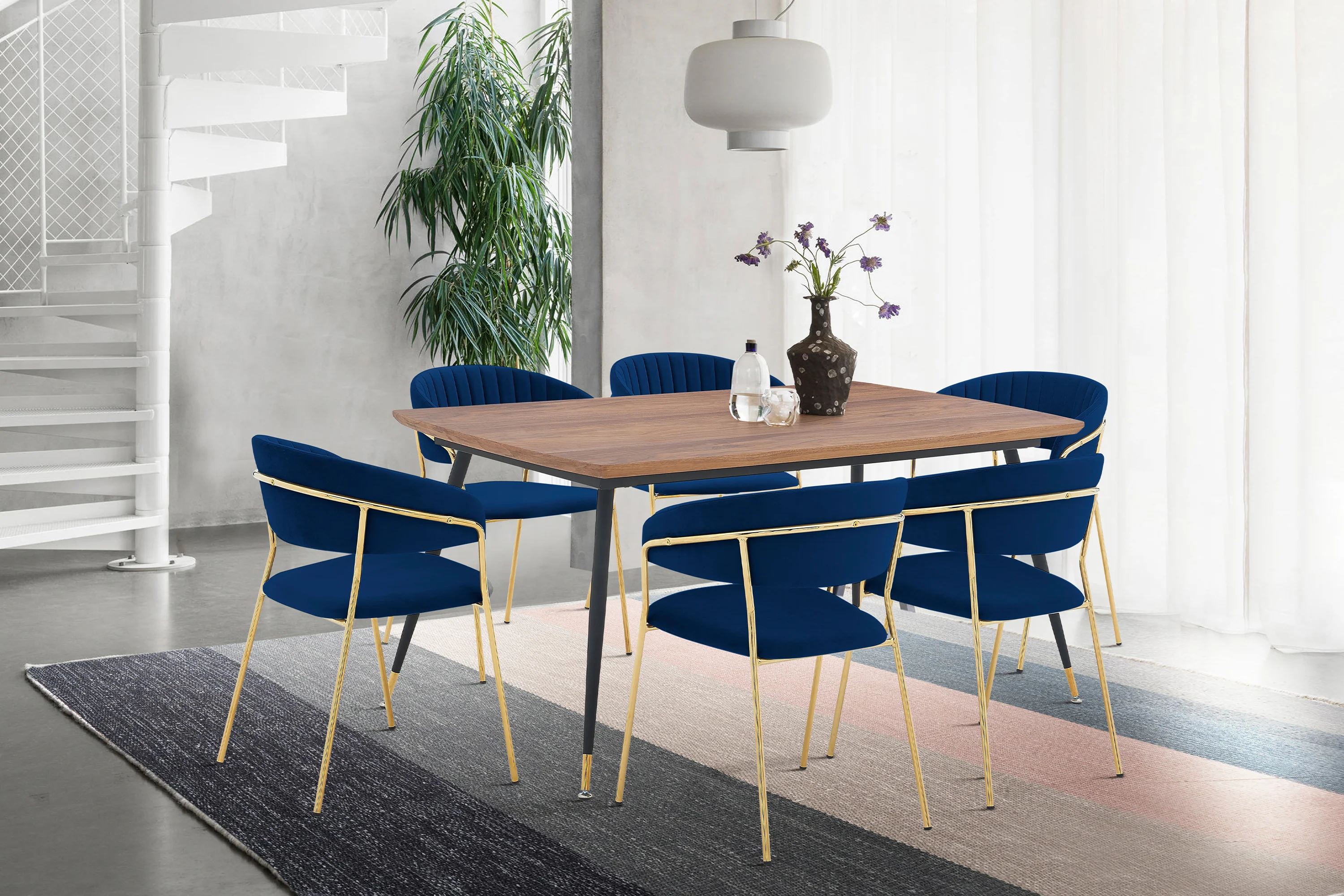 Messina and Nara Blue Velvet 7 Piece Rectangular Dining Set By Armen Living