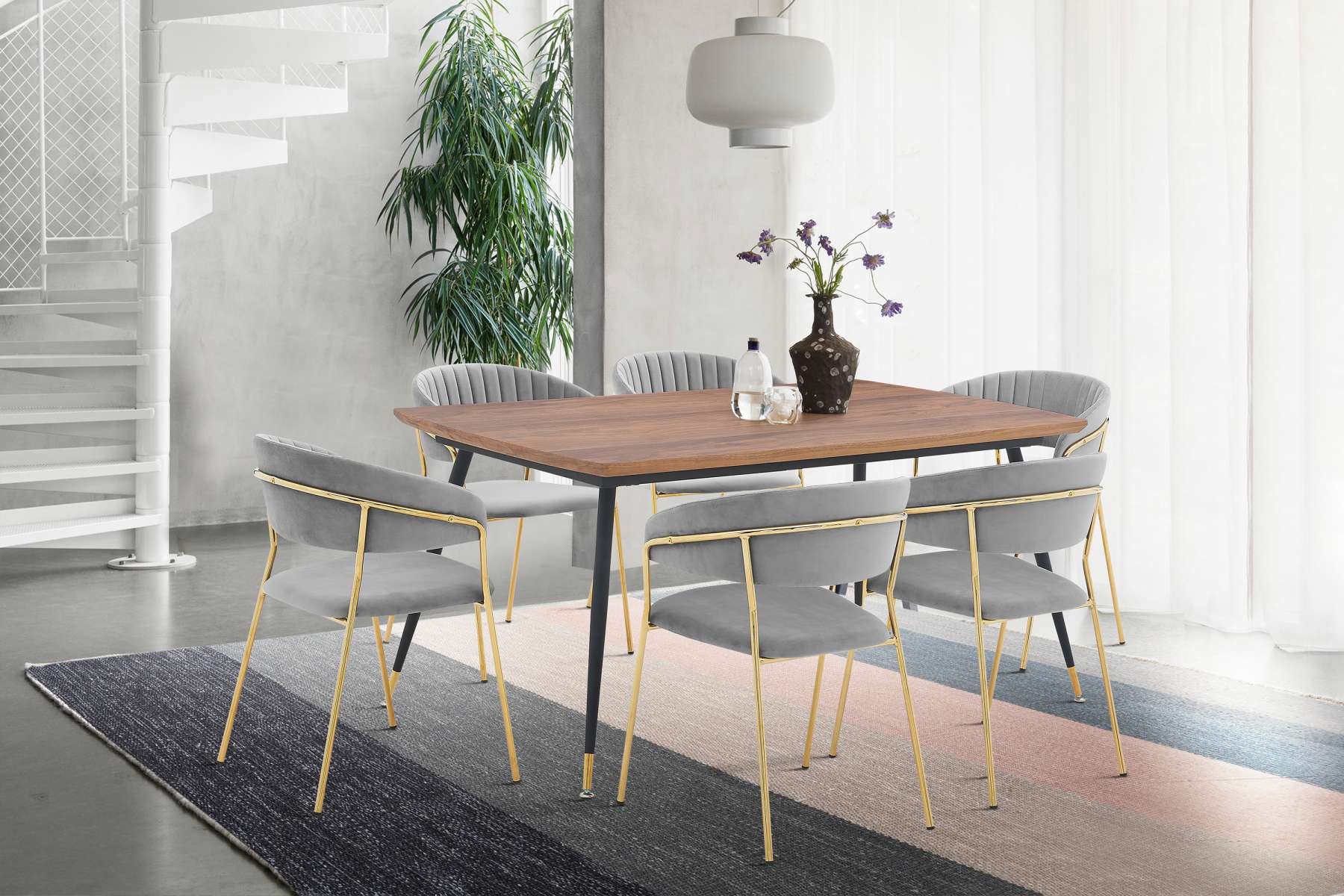 Messina and Nara Gray Velvet 7 Piece Rectangular Dining Set By Armen Living