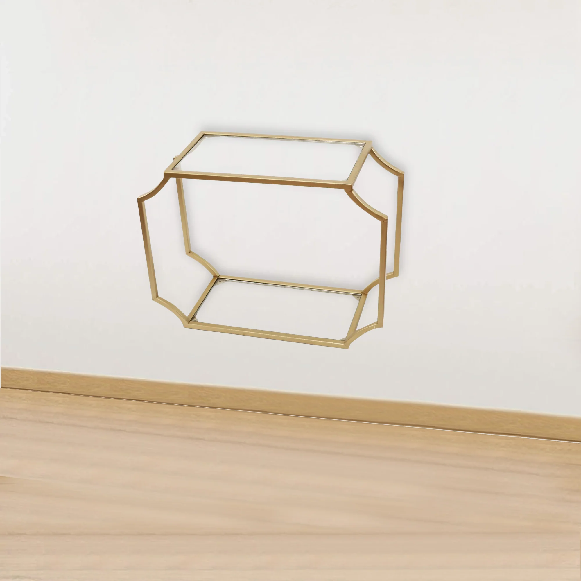 Metal Wall Shelf with Two Glass Shelves and Smooth Chamferedecorners, Gold and Clear By Benzara