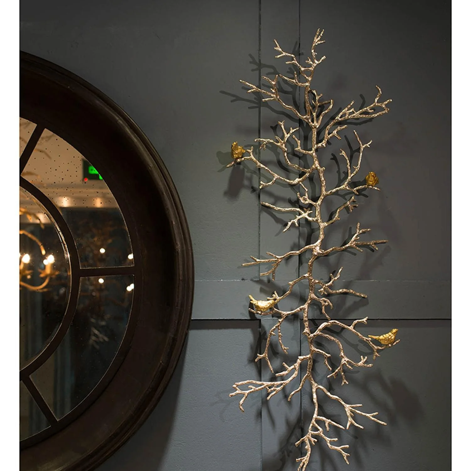 Modern 44" Silver Branch and Golden Birds Wall Art By Homeroots
