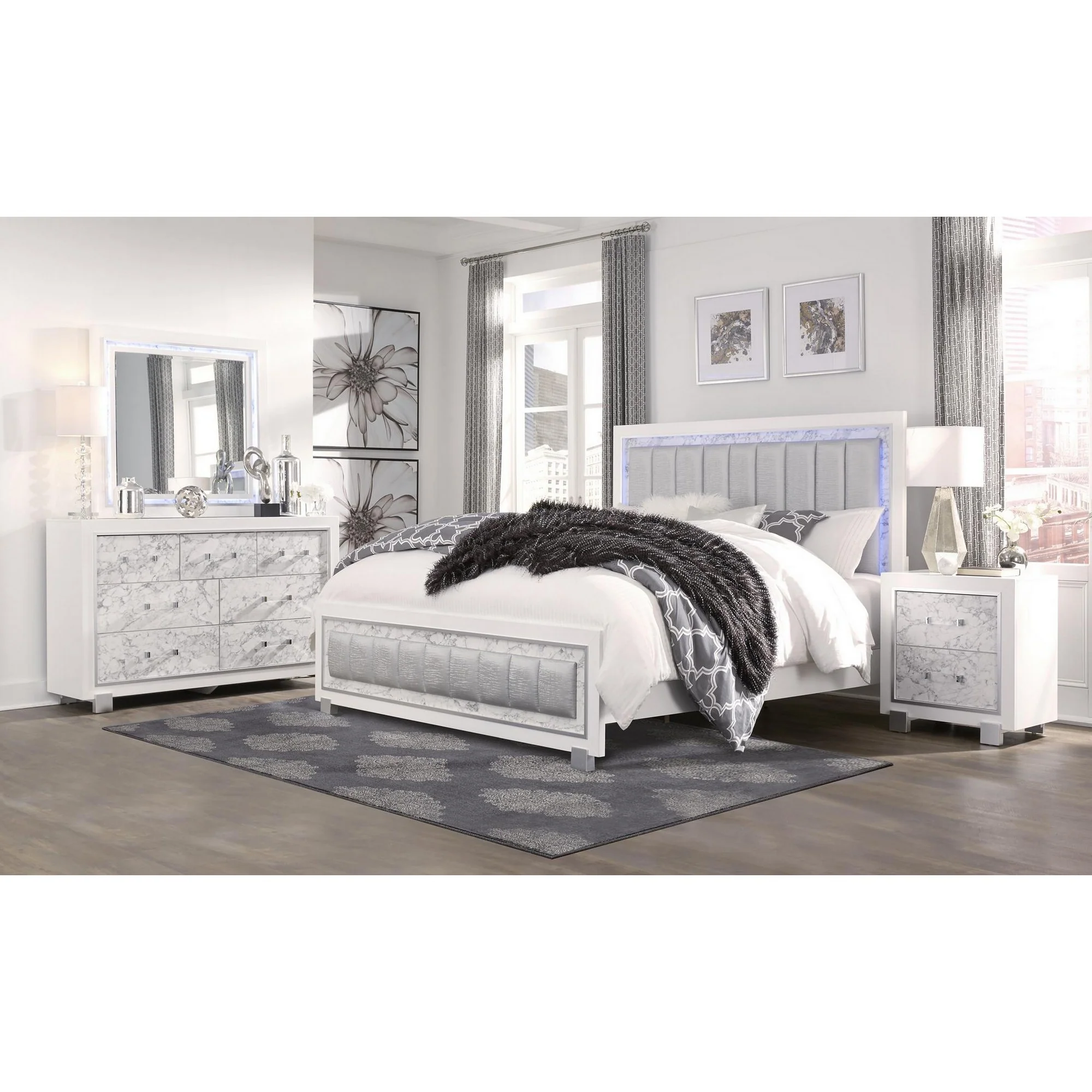 Modern Luxurious White Full Bed With Padded Headboard Led Lightning By Homeroots