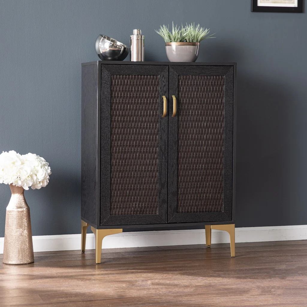 Modern Rustic Black Gold And Faux Rattan Bar Cabinet By Homeroots