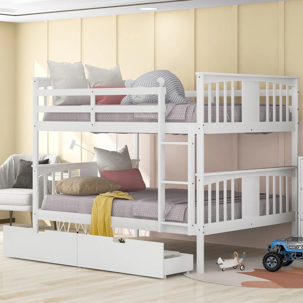Modern White Full Over Full Bunk Bed With Two Drawers By Homeroots