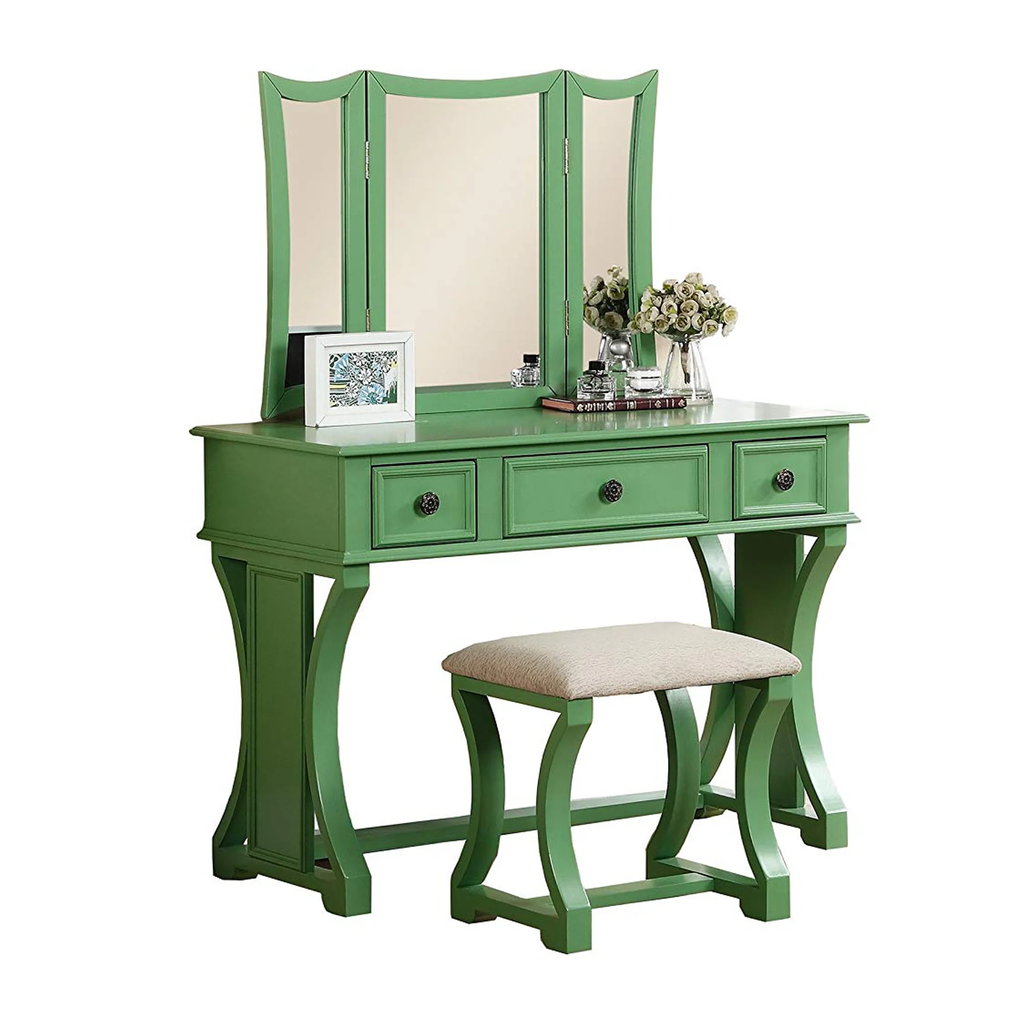 Modish Vanity Set Featuring Stool And Mirror Green By Benzara