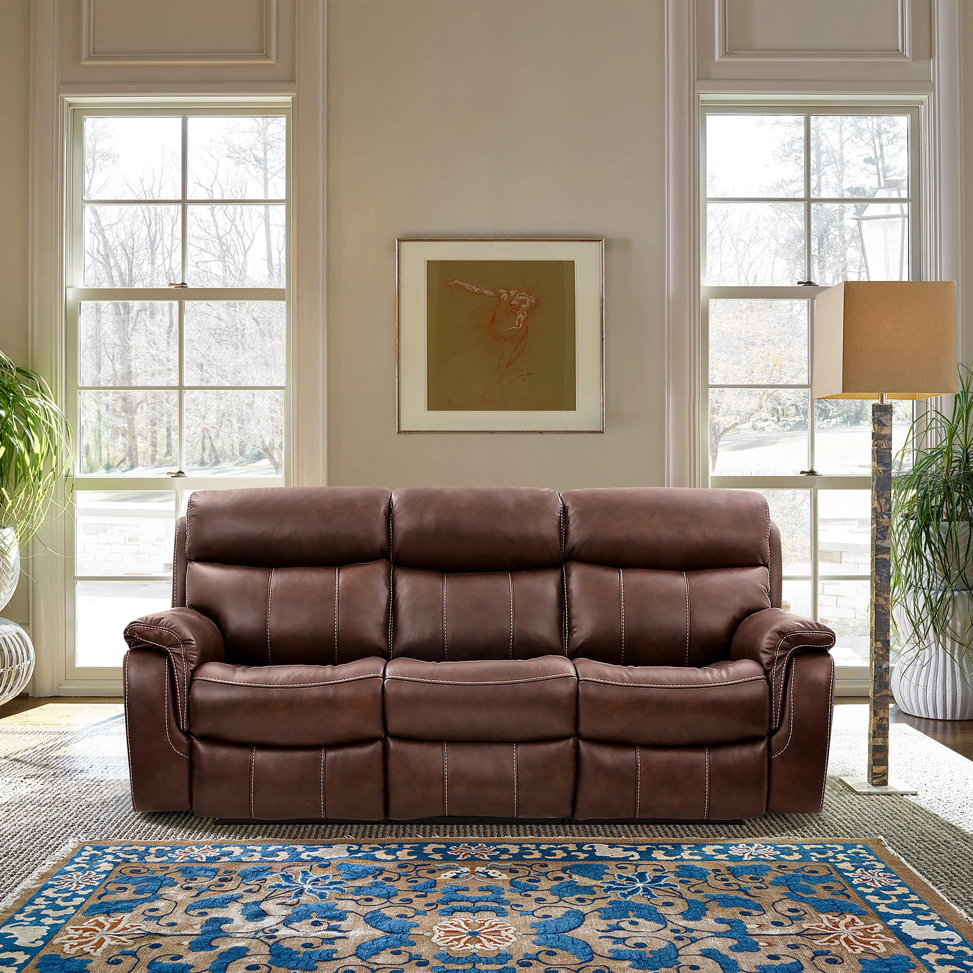 Montague Dual Power Headrest and Lumbar Support Reclining Sofa in Genuine Brown Leather By Armen Living