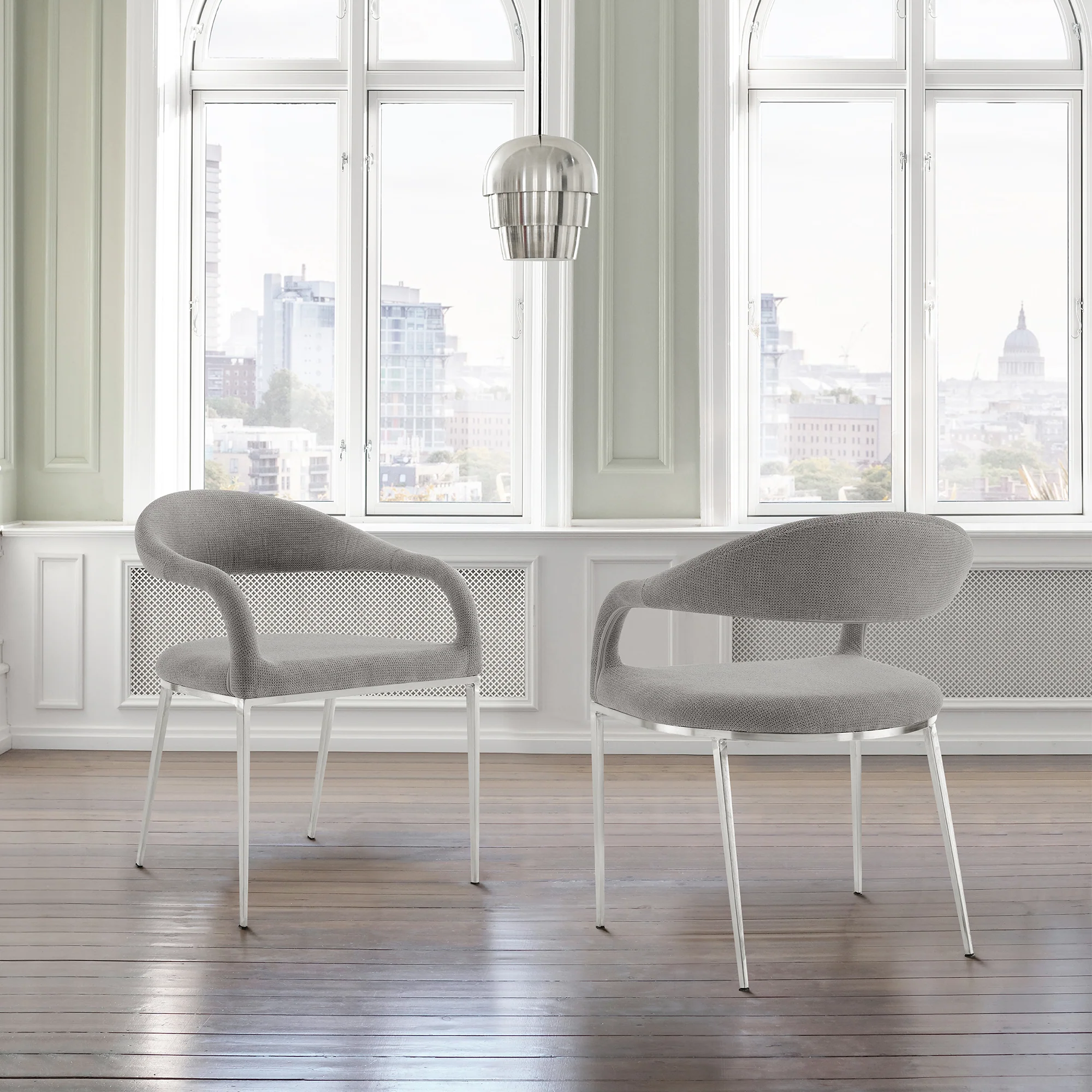 Morgan Upholstered Dining Chair with Brushed Stainless Steel and Light Gray Fabric - Set of 2 By Armen Living