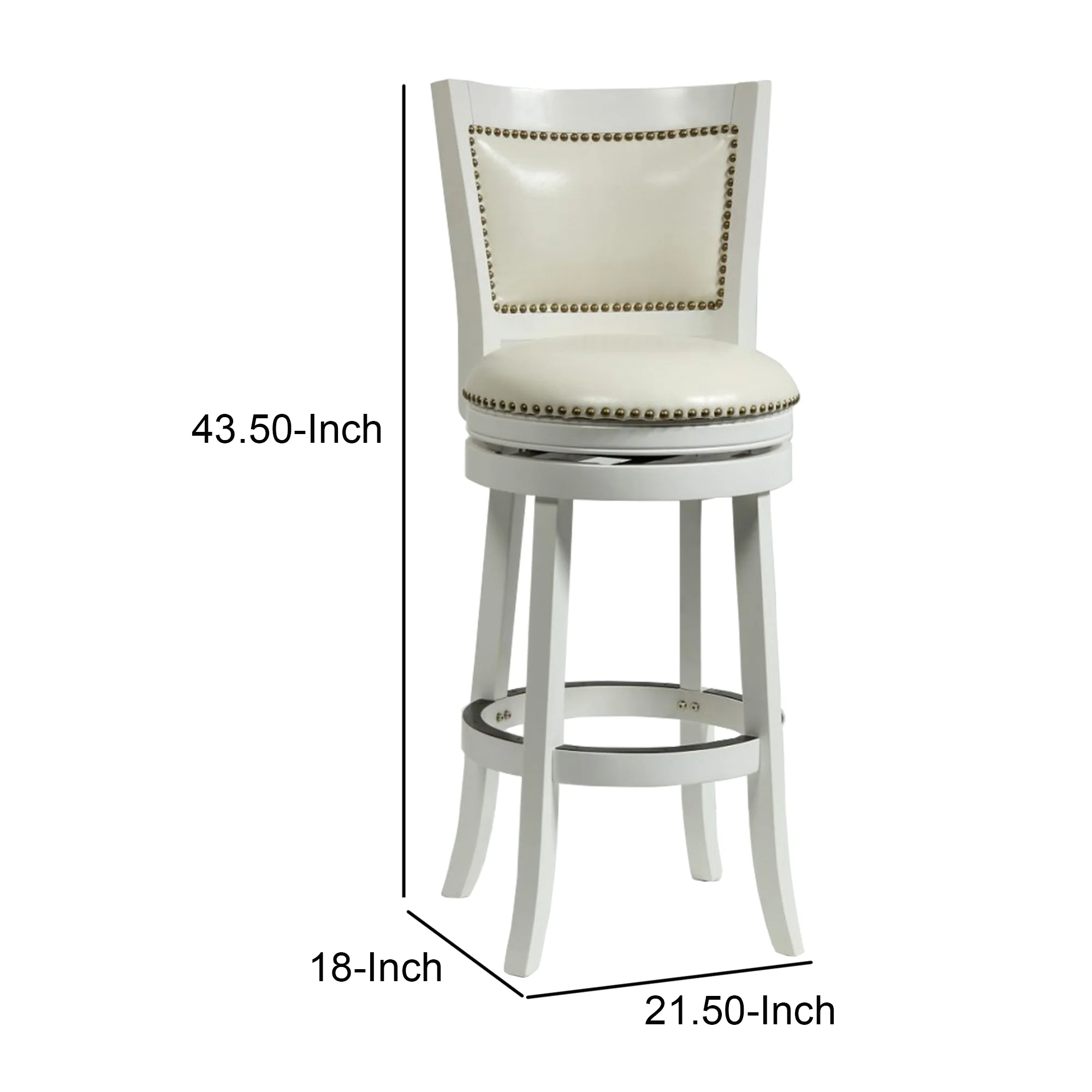 Nailhead Trim Round Leatherette Barstool with Flared Legs, White By Benzara - Image 6