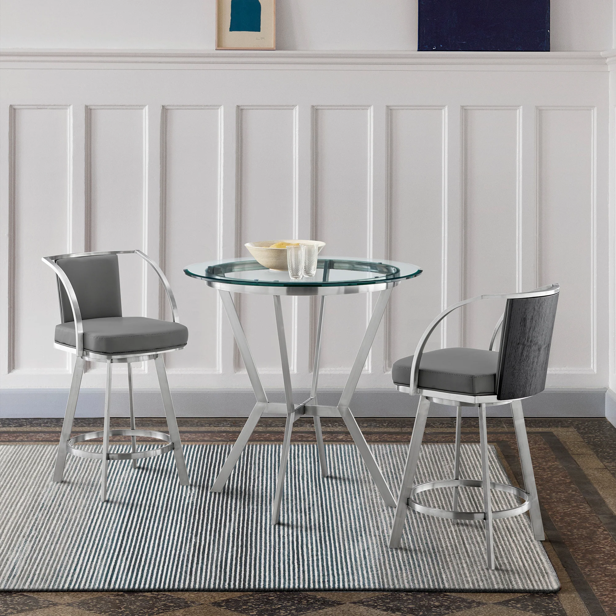 Naomi and Livingston 3-Piece Counter Height Dining Set in Brushed Stainless Steel and Grey Faux Leather By Armen Living