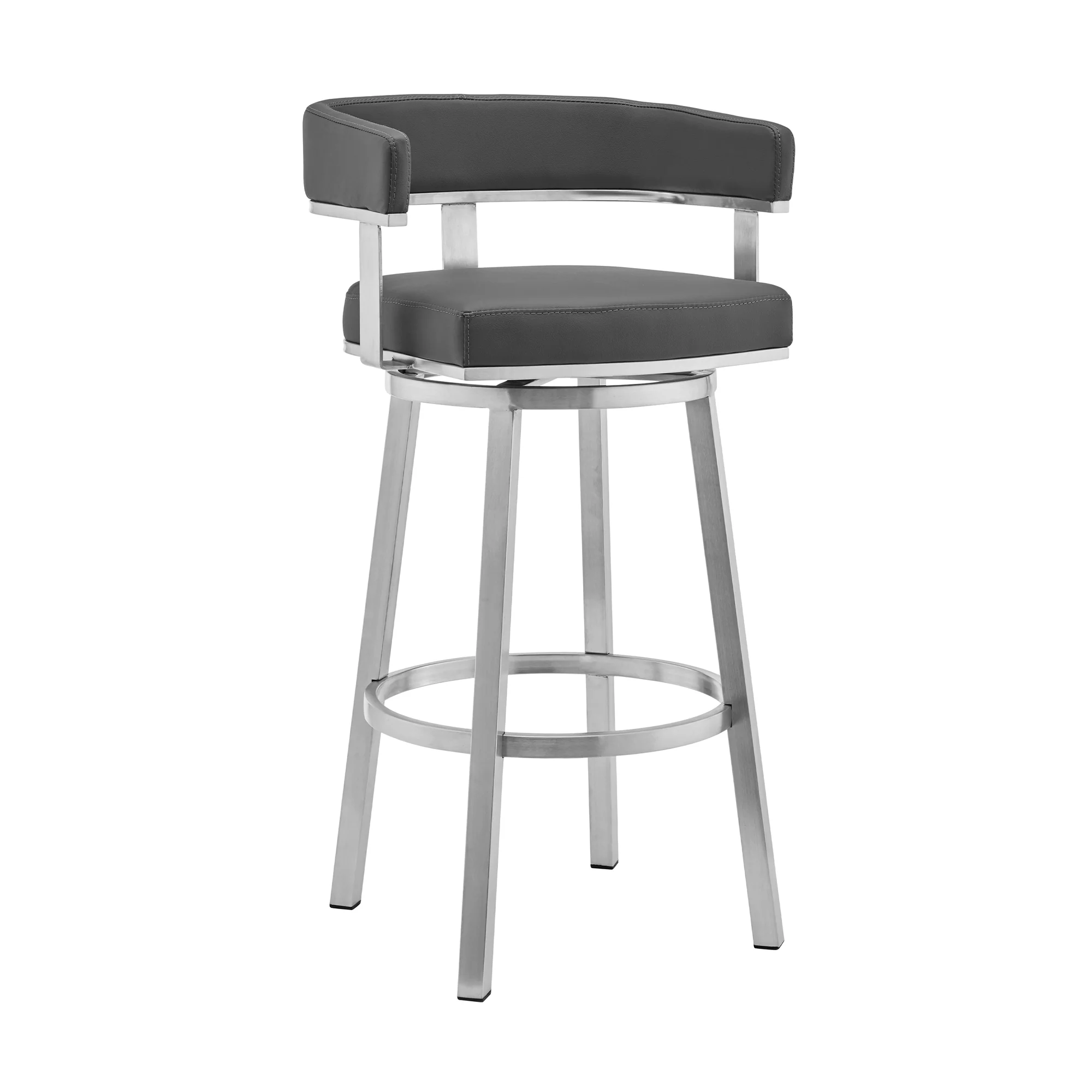 Naomi and Lorin 5-Piece Counter Height Dining Set in Brushed Stainless Steel and Grey Faux Leather By Armen Living - Image 3
