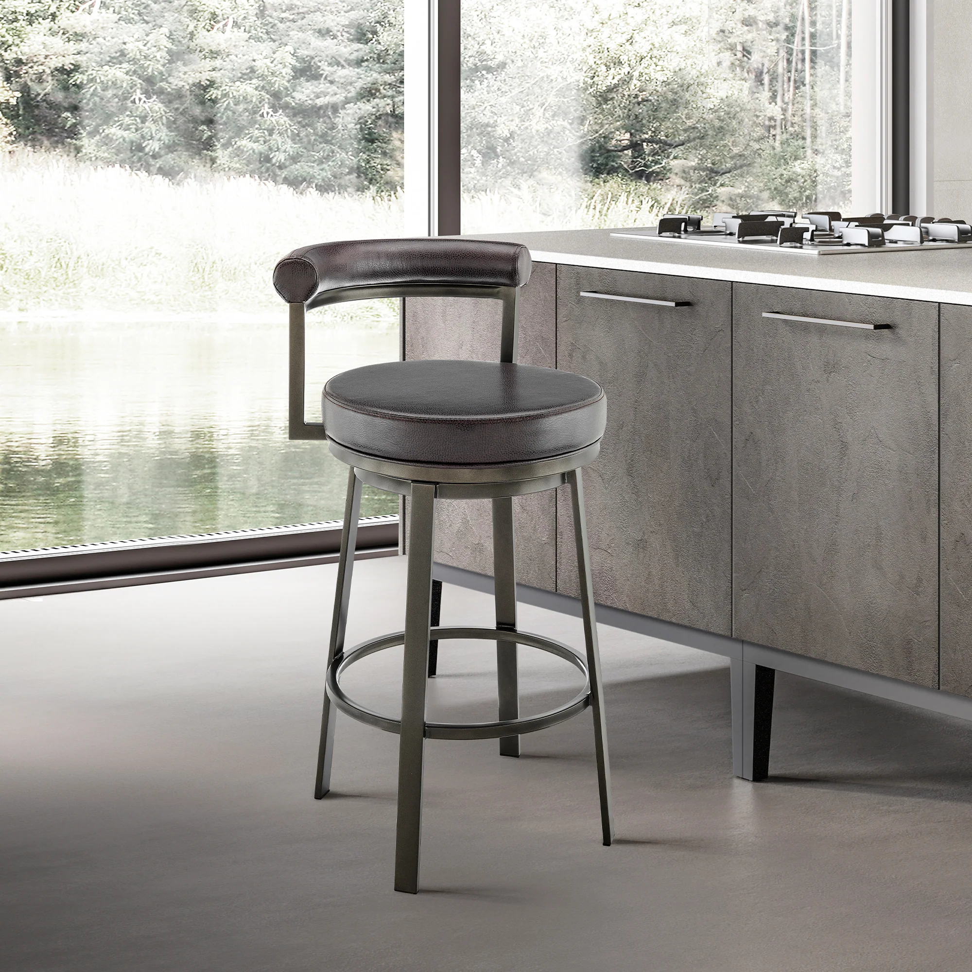 Neura Swivel Counter or Bar Stool in Mocha Finish with Brown Faux Leather By Armen Living