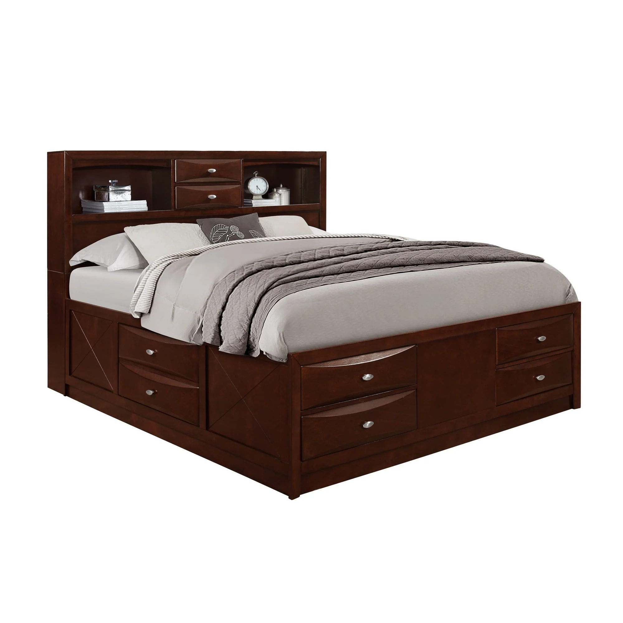 New Merlot Veneer Queen Bed With Bookcase Headboard 10 Drawers By Homeroots - Image 2