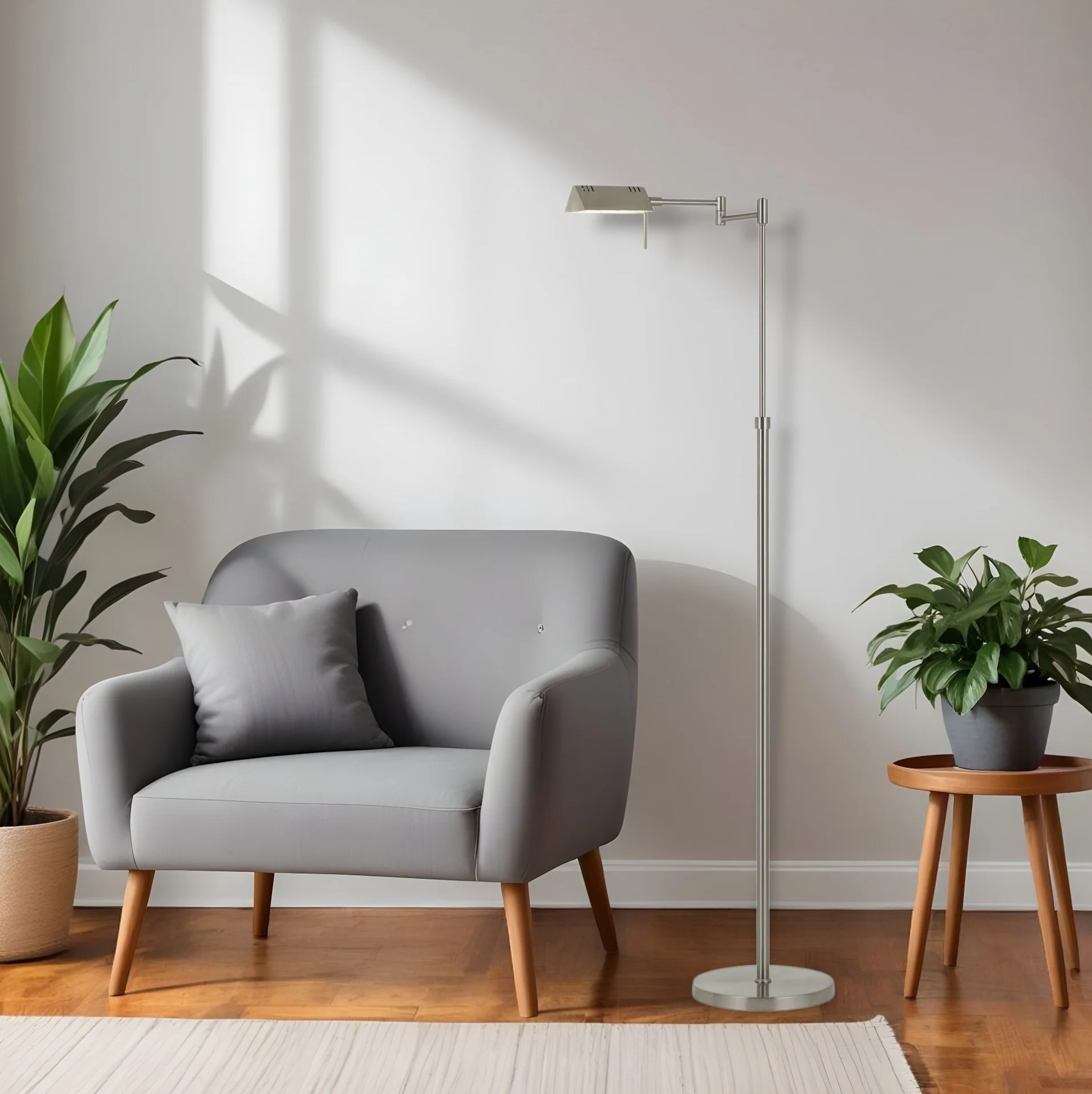 Nickel Metal Adjustable Swing Arm Floor Lamp With Gray Shade By Homeroots