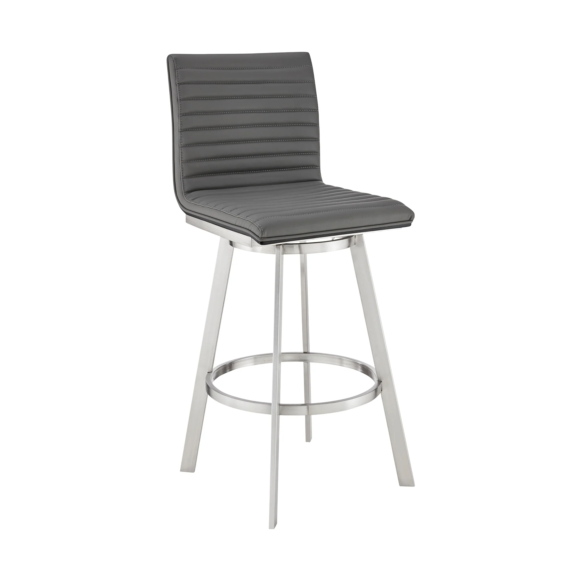 Nikole 30" Bar Height Black Swivel Bar Stool in Brushed Stainless Steel Finish and Gray Faux Leather By Armen Living - Image 2