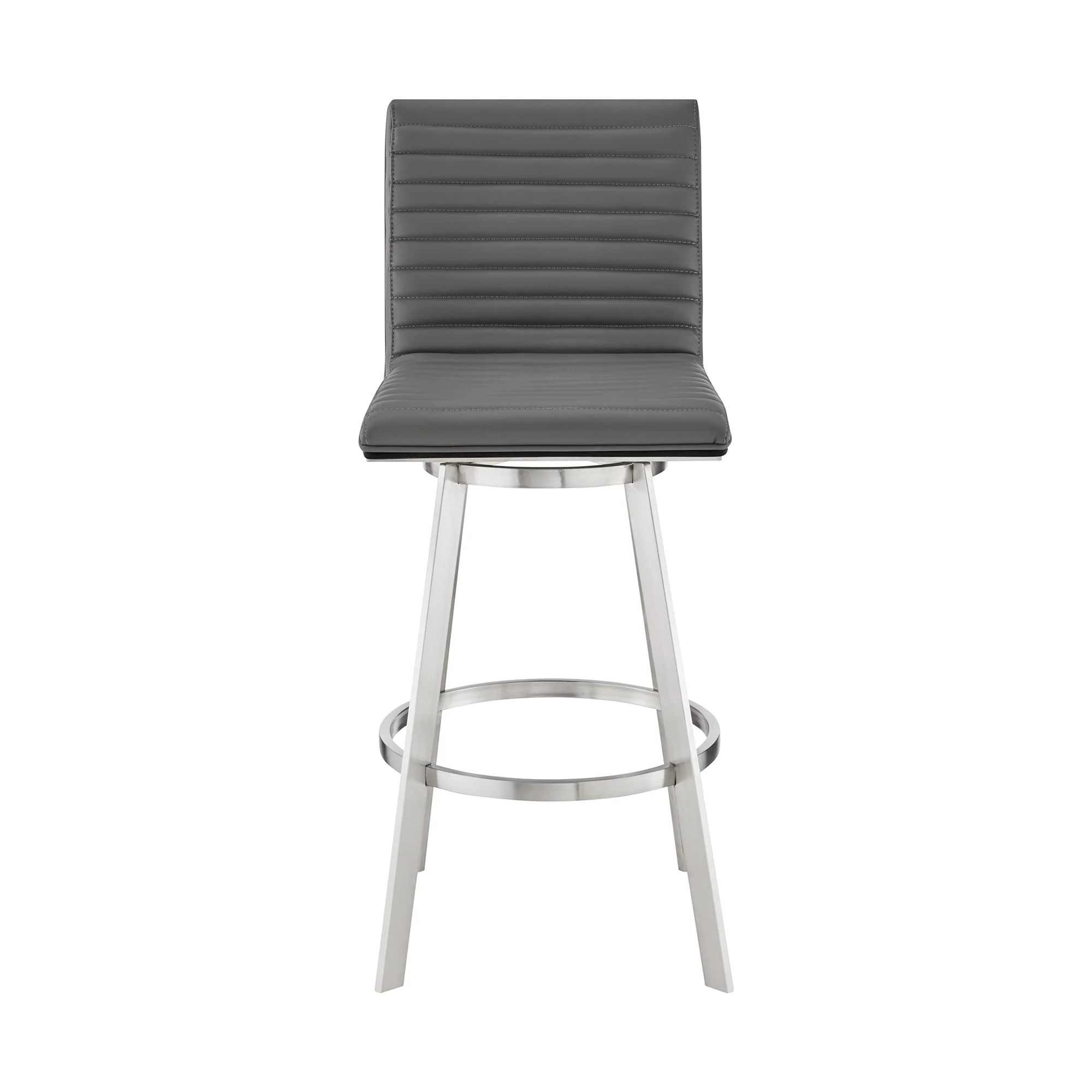 Nikole 30" Bar Height Black Swivel Bar Stool in Brushed Stainless Steel Finish and Gray Faux Leather By Armen Living - Image 3