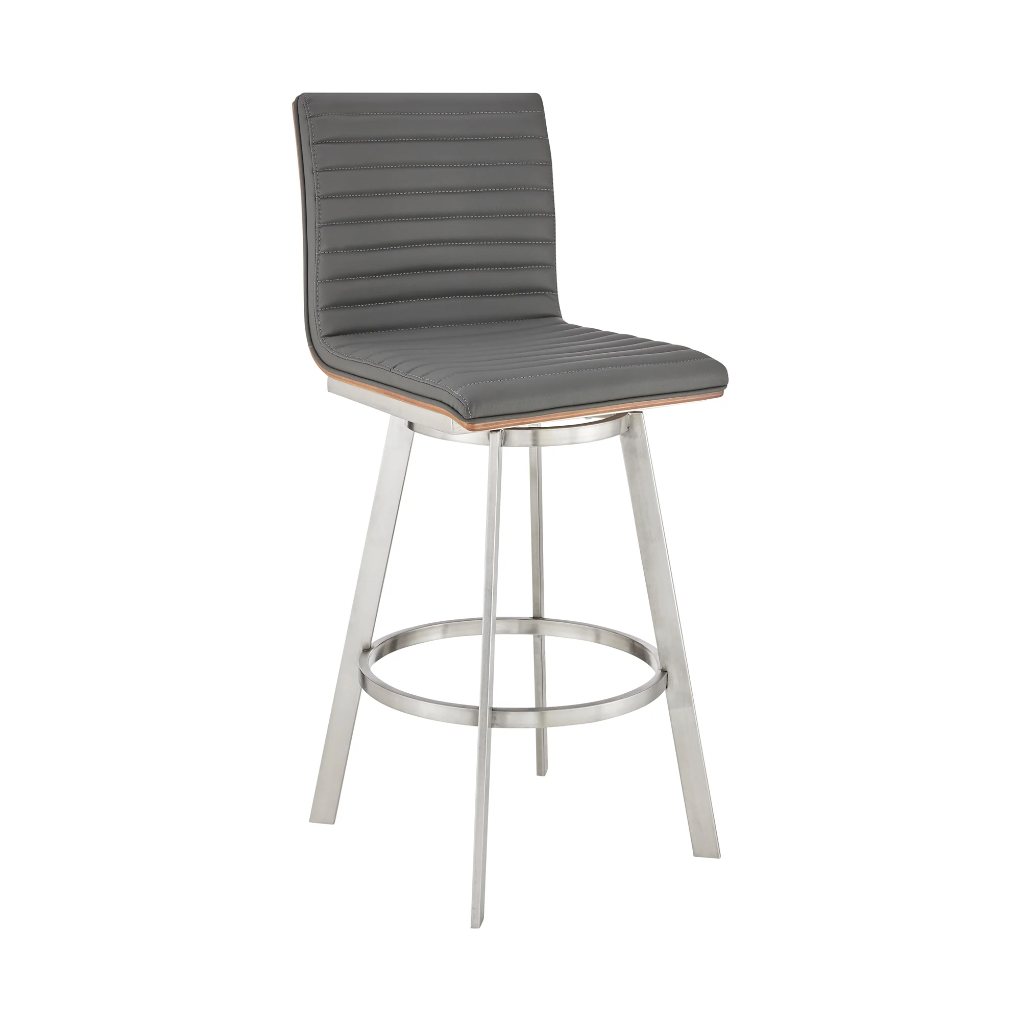 Nikole 30" Bar Height Walnut Swivel Bar Stool in Brushed Stainless Steel Finish and Gray Faux Leather By Armen Living - Image 2