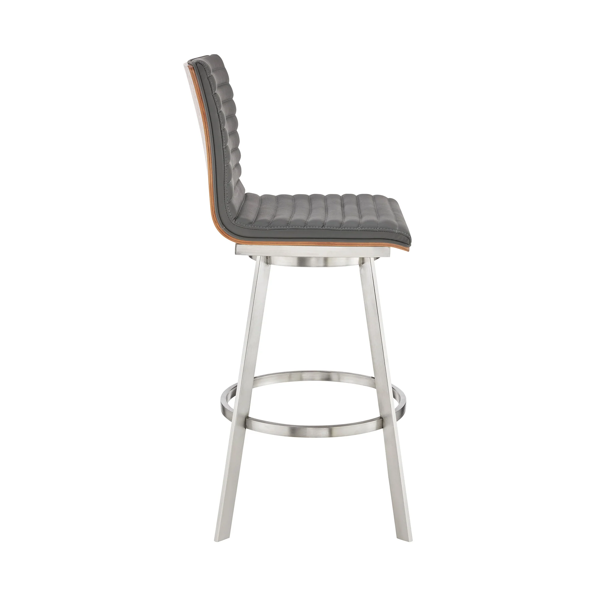 Nikole 30" Bar Height Walnut Swivel Bar Stool in Brushed Stainless Steel Finish and Gray Faux Leather By Armen Living - Image 4