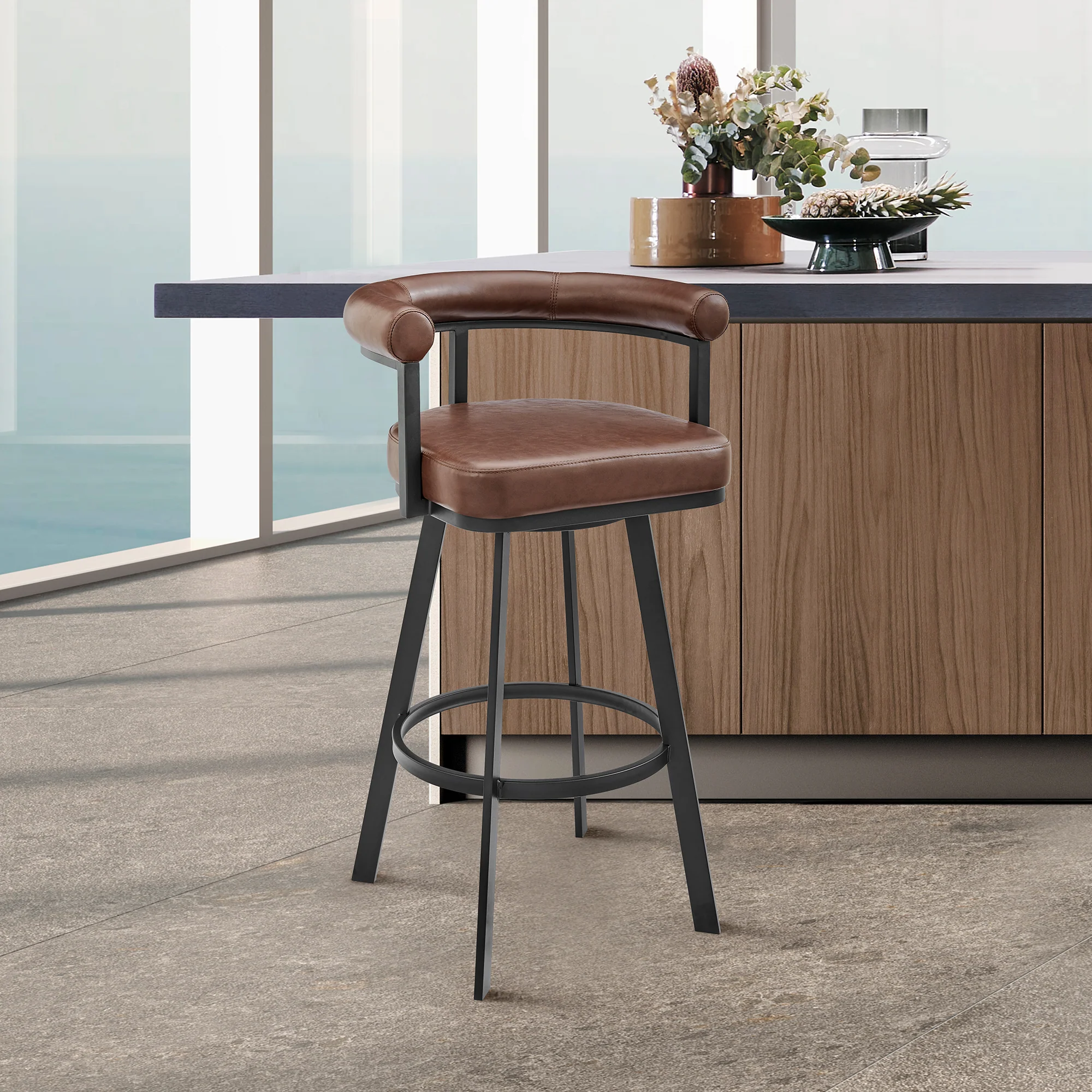 Nolagam Swivel Bar Stool in Black Metal with Brown Faux Leather By Armen Living