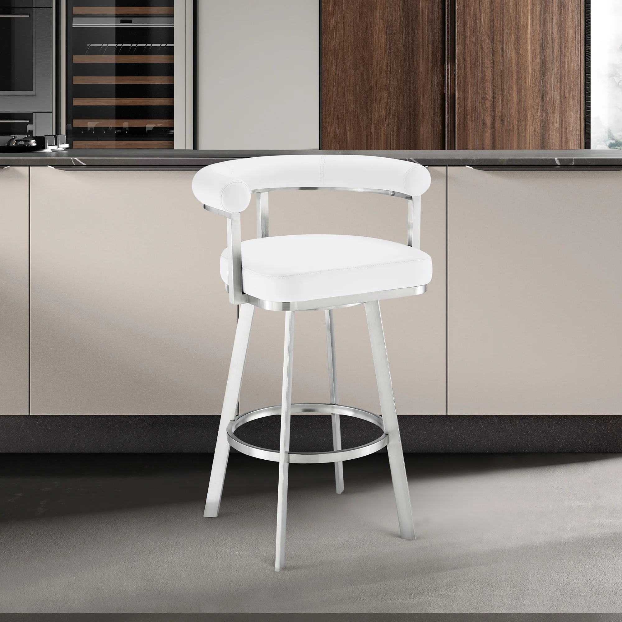 Nolagam Swivel Bar Stool in Brushed Stainless Steel with Black Faux Leather By Armen Living - Image 21